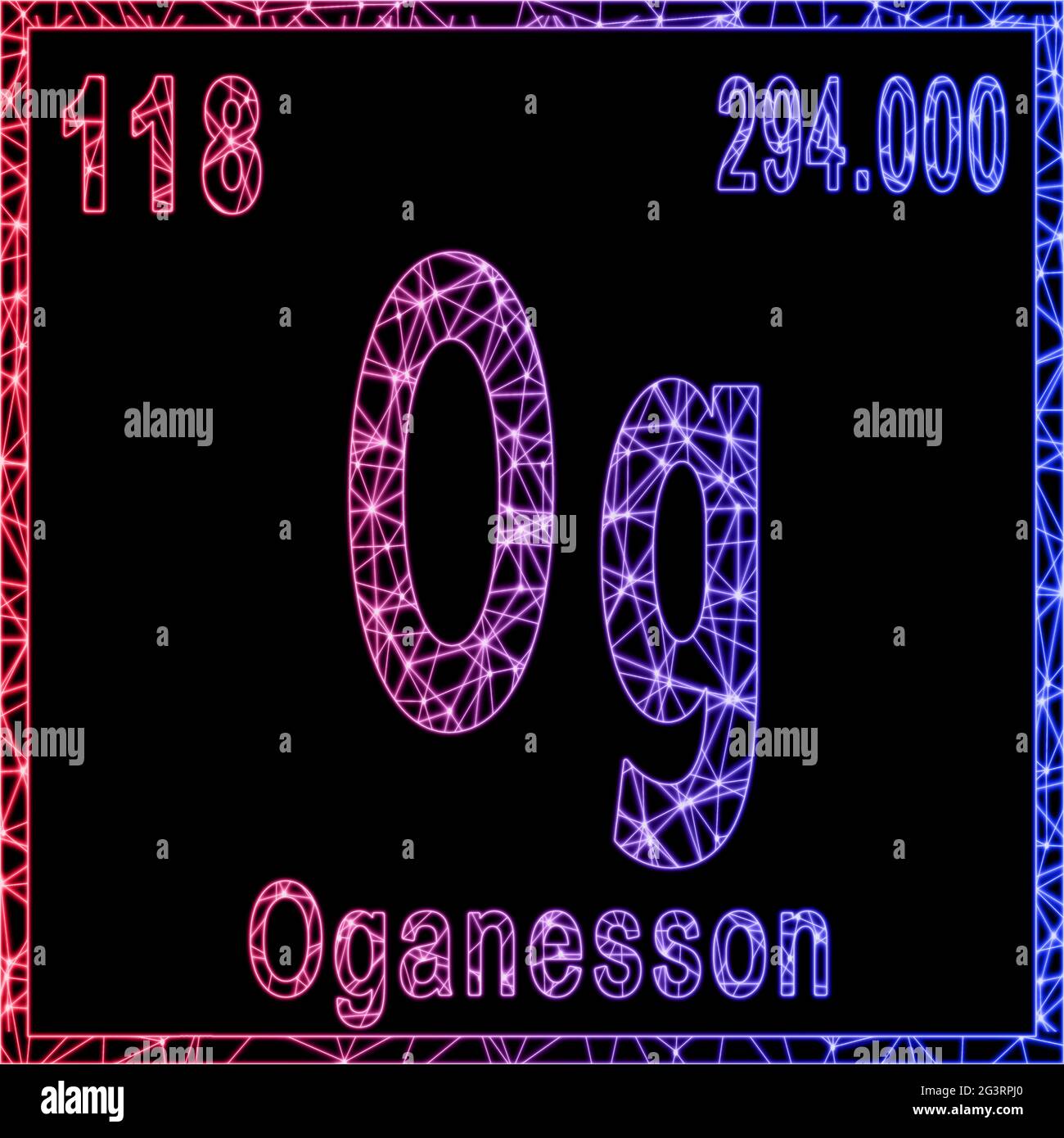 Élément chimique Oganesson, signe avec numéro atomique et poids atomique, Banque D'Images