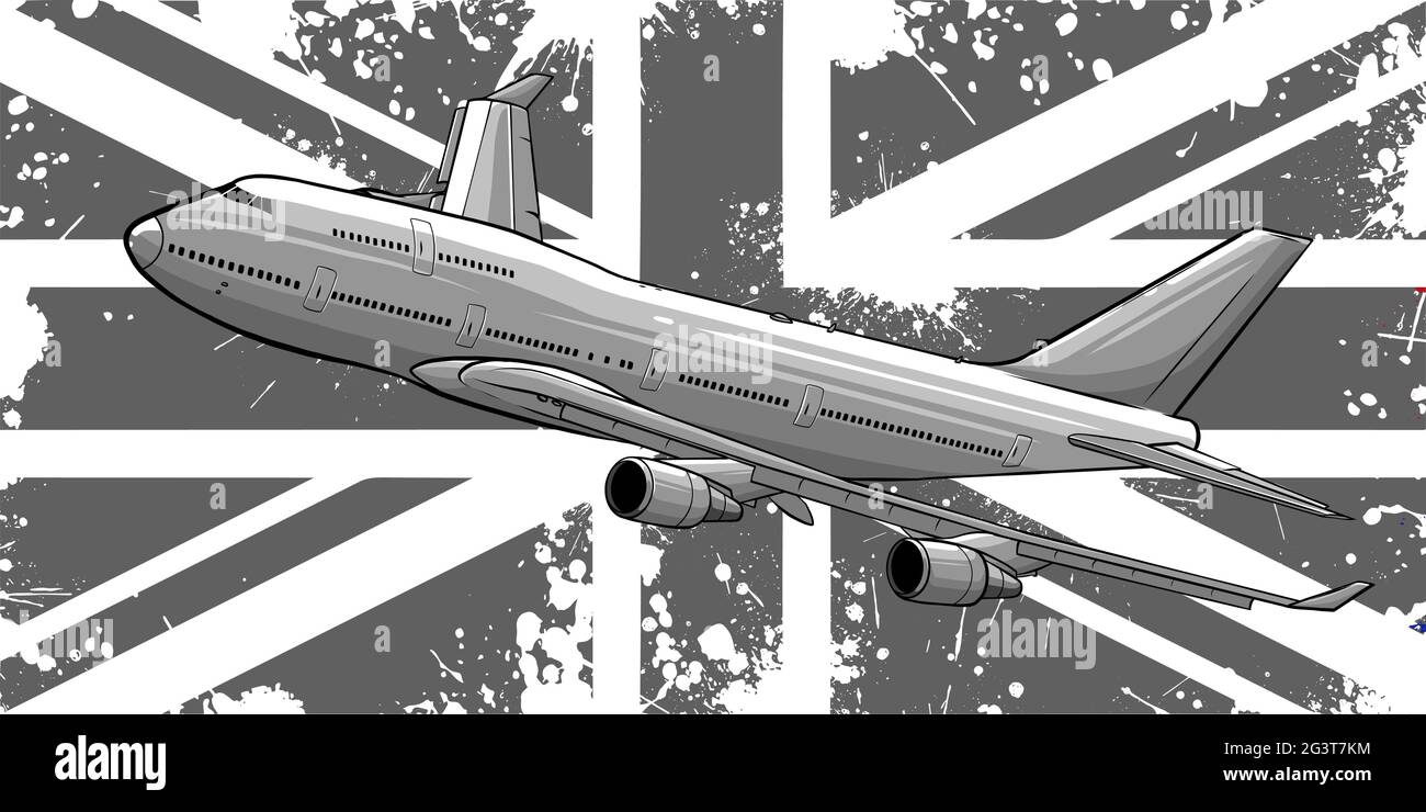 Illustration vectorielle d'un avion de passagers survolant le drapeau de la Grande-Bretagne. Illustration de Vecteur