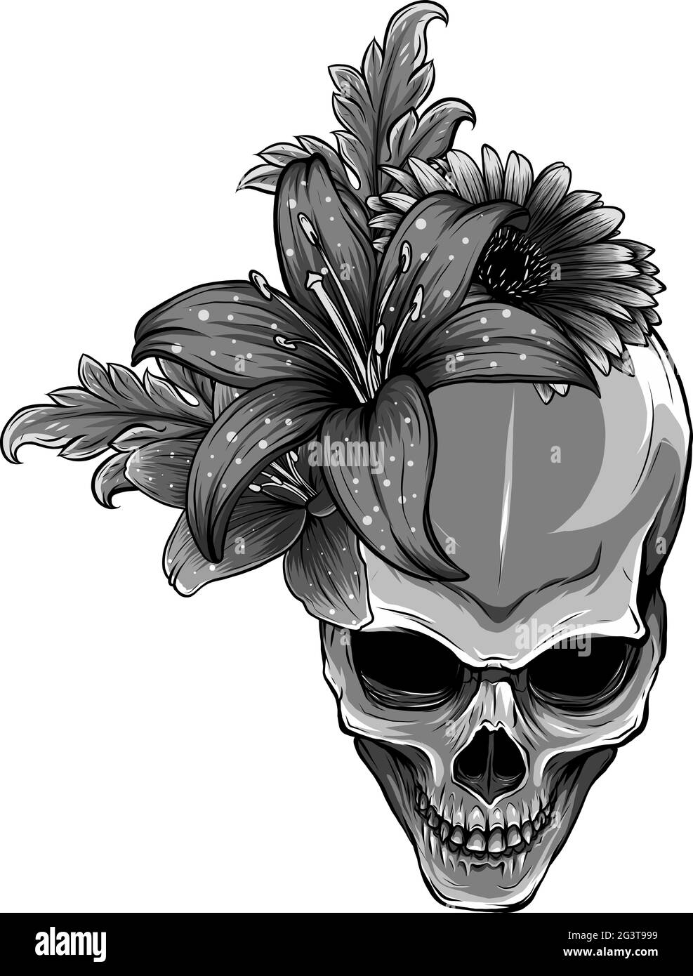 Motif illustration de la tête de mort humaine et des fleurs vectorielles Illustration de Vecteur