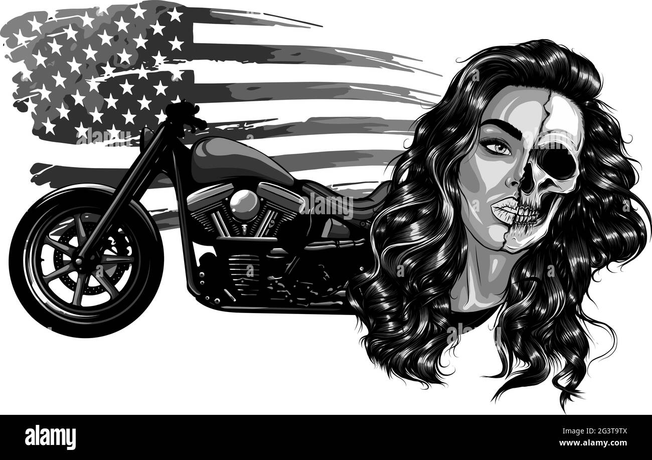 illustration vectorielle vintage chopper moto avec femme visage et américain drapeau Illustration de Vecteur