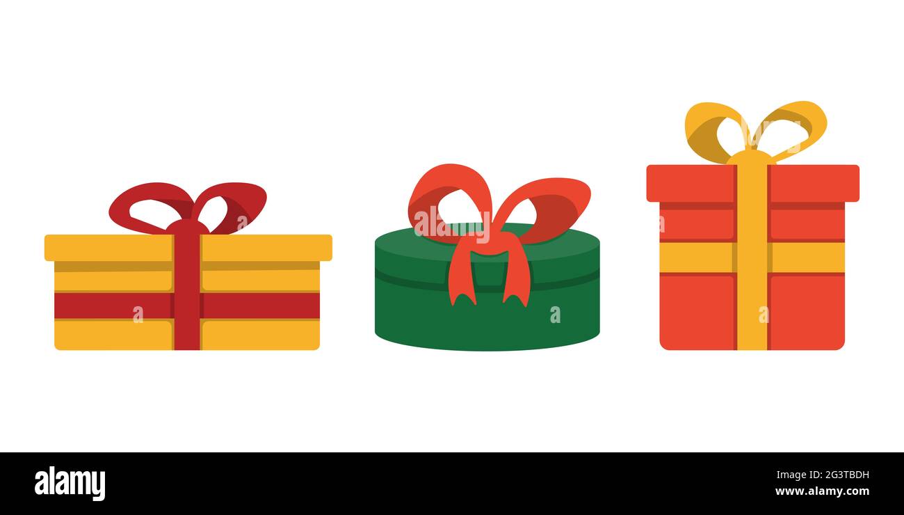 Boîtes-cadeaux avec arcs illustration de dessin animé isolée sur fond  blanc. Noël cadeau emballer décorations Photo Stock - Alamy