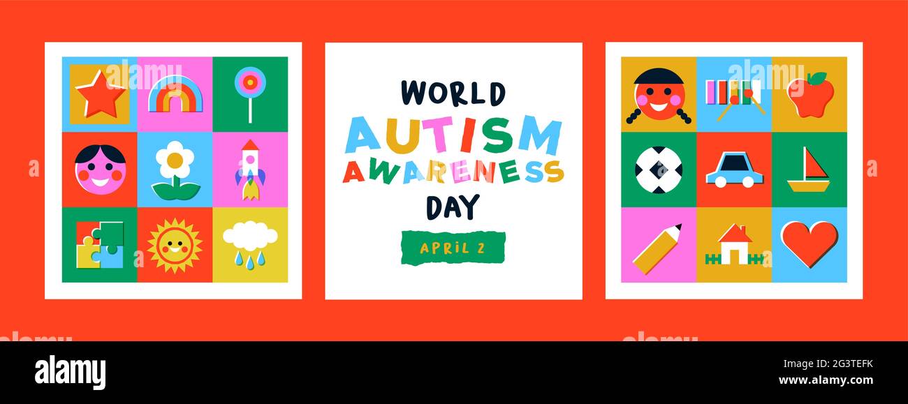 Journée mondiale de sensibilisation à l'autisme carte de vœux collection d'illustrations de jouet enfants coloré mosaïque icône dans le style de dessin animé rétro. Psychologie des enfants autistes Illustration de Vecteur