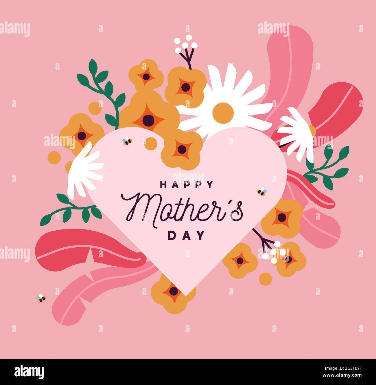Carte de vœux Happy Mother's Day illustration du joli cadre en forme de coeur rose avec dessin animé plat bouquet de fleurs décoration pour maman amour vacances en famille. Illustration de Vecteur