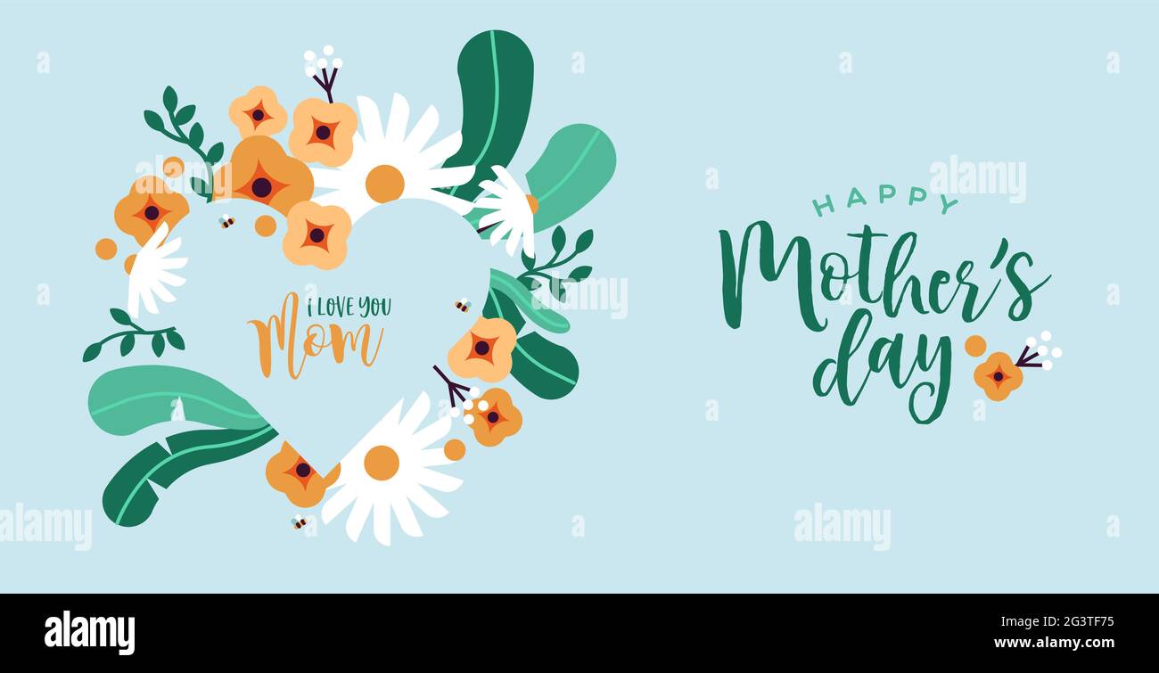 Happy Mother's Day bannière illustration du cadre en forme de coeur mignon avec dessin animé plat bouquet de fleurs décoration pour maman amour vacances en famille. Illustration de Vecteur
