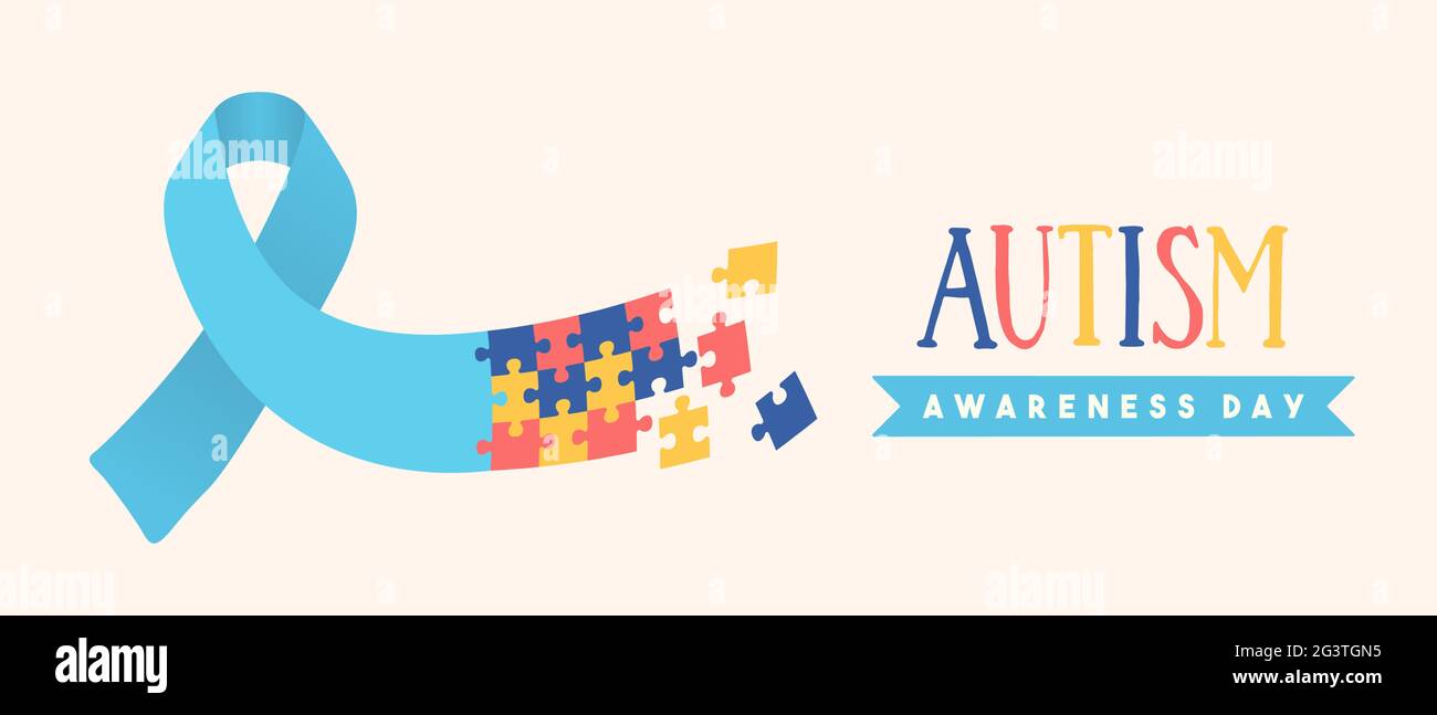 La bannière web de la journée de sensibilisation à l'autisme illustration de l'arc de ruban avec des pièces de puzzle colorées. Concept d'éducation des enfants, capacité d'apprentissage différente. Support de la veille Illustration de Vecteur