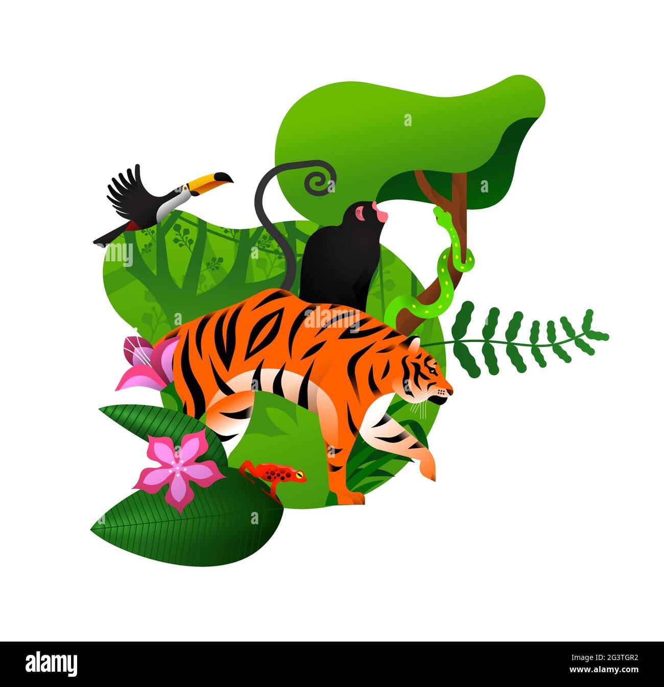 Environnement de jungle varié avec animaux et plantes exotiques. Illustration moderne d'un écosystème vert sur un arrière-plan isolé. Comprend un tigre, Illustration de Vecteur