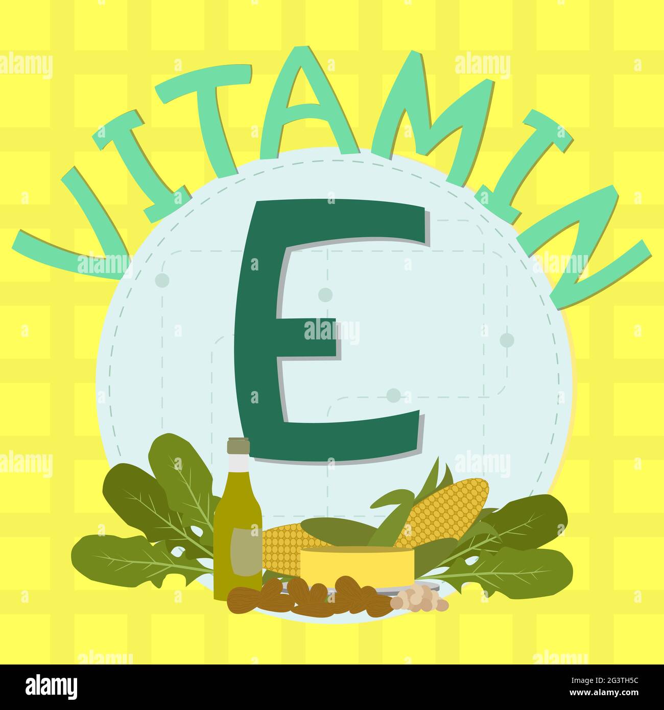 Design coloré de vitamine e avec céréales, légumes à feuilles, huile d'olive, amandes, huile, beurre, maïs et expression « vitamine c ». Illustration de Vecteur