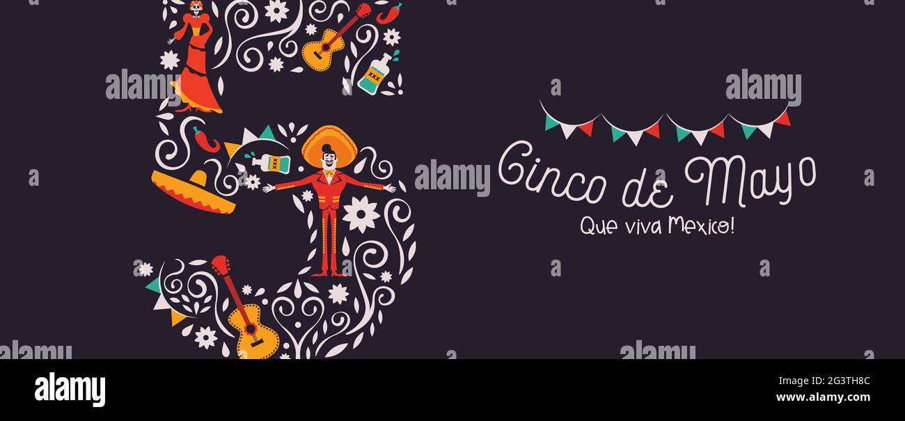 Illustration de la bannière web Happy Cinco de Mayo pour la célébration de l'indépendance du mexique. 5 mai avec décoration de culture traditionnelle. Inclut mariachi Illustration de Vecteur