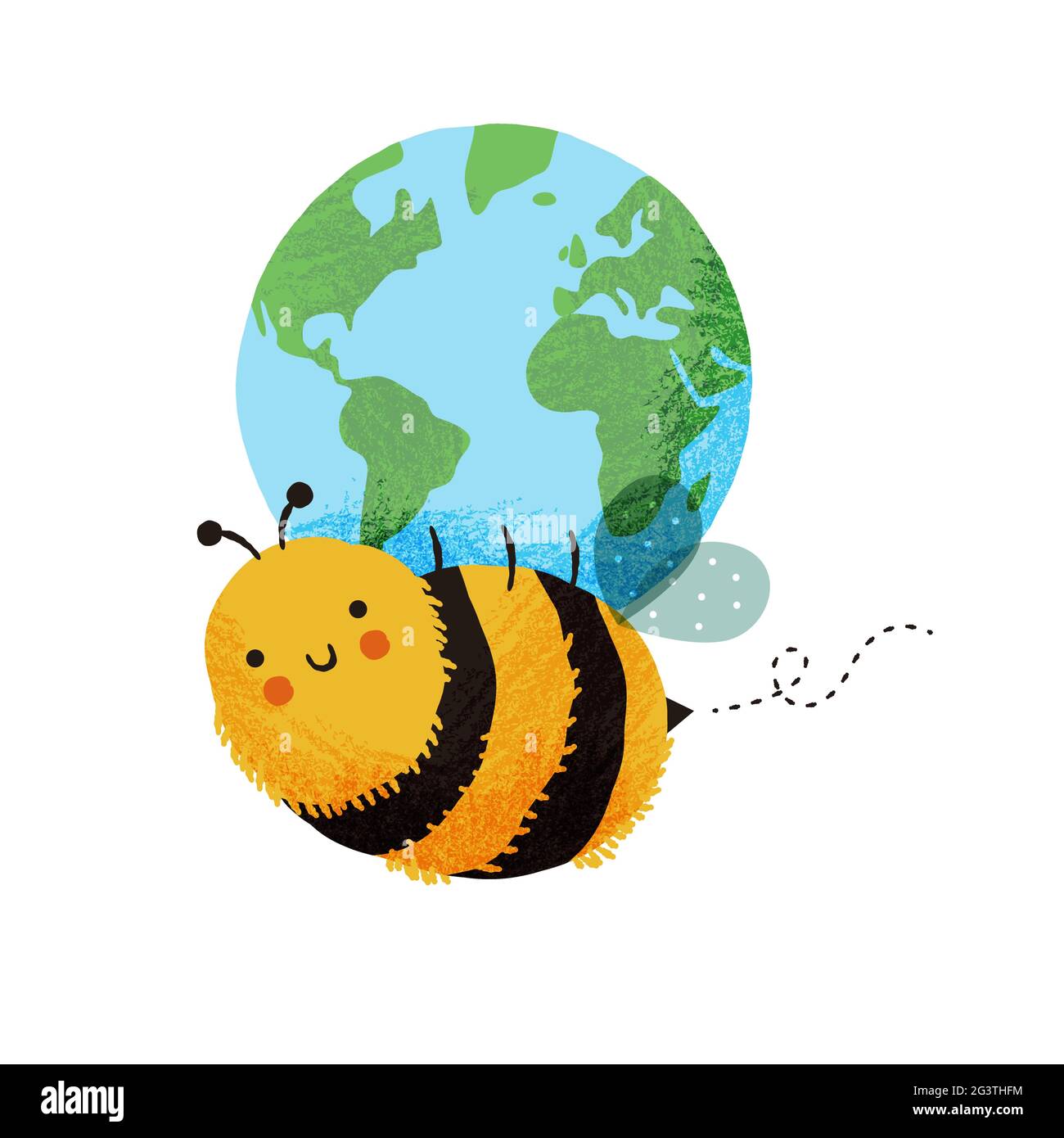 Happy Bee personnage de dessin animé tenant la planète Terre sur fond blanc isolé. Concept amusant d'insecte bourdon pour la protection des abeilles ou camp écologique Illustration de Vecteur