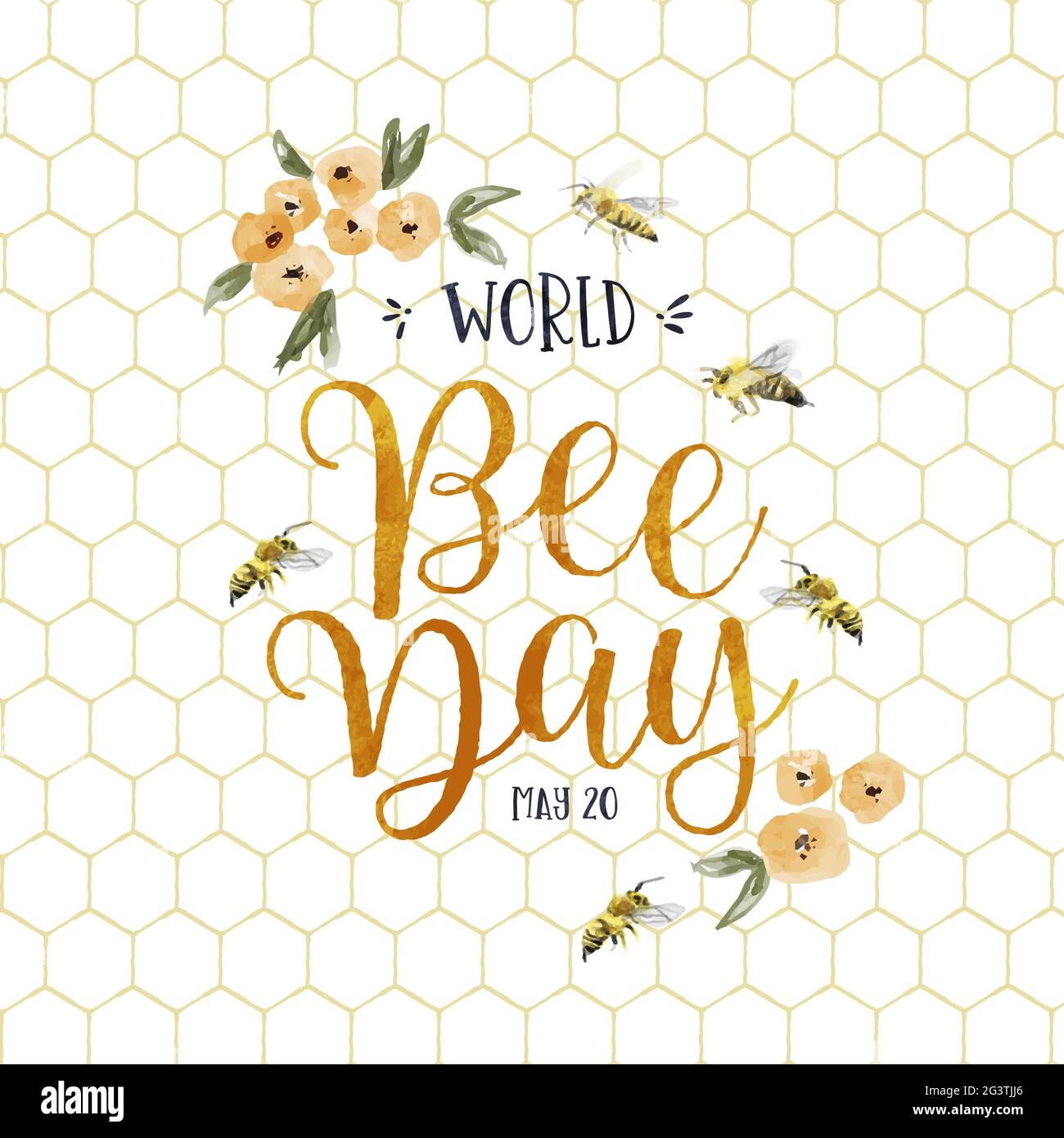 Carte de vœux de la Journée mondiale des abeilles illustration de l'insecte bourdon dessiné à la main avec une décoration de fleur de printemps jaune. Design écologique pour les fêtes de fin d'année Illustration de Vecteur