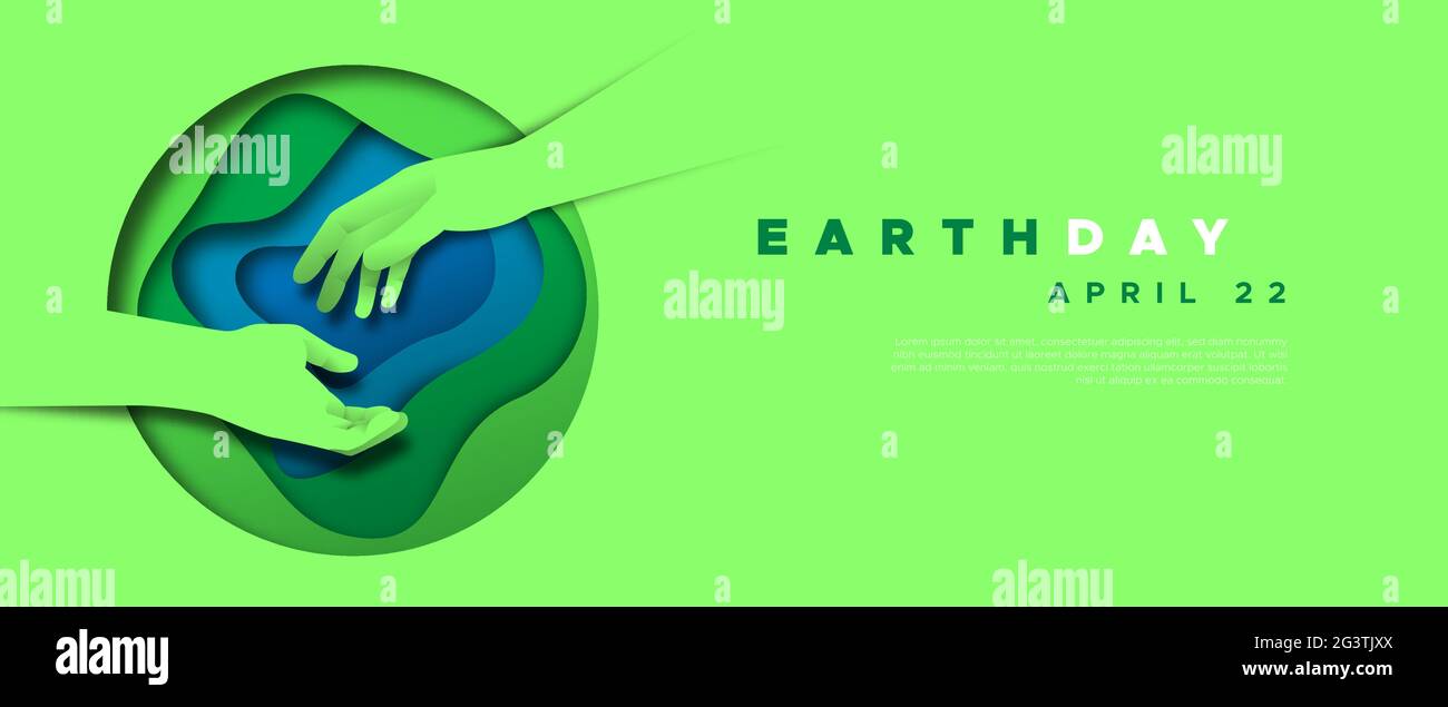Modèle Web du jour de la Terre illustration de deux mains de personnes aidant avec le papier coupé planète verte. Nature aider le concept de travail d'équipe pour avril 22 stagiaire Illustration de Vecteur