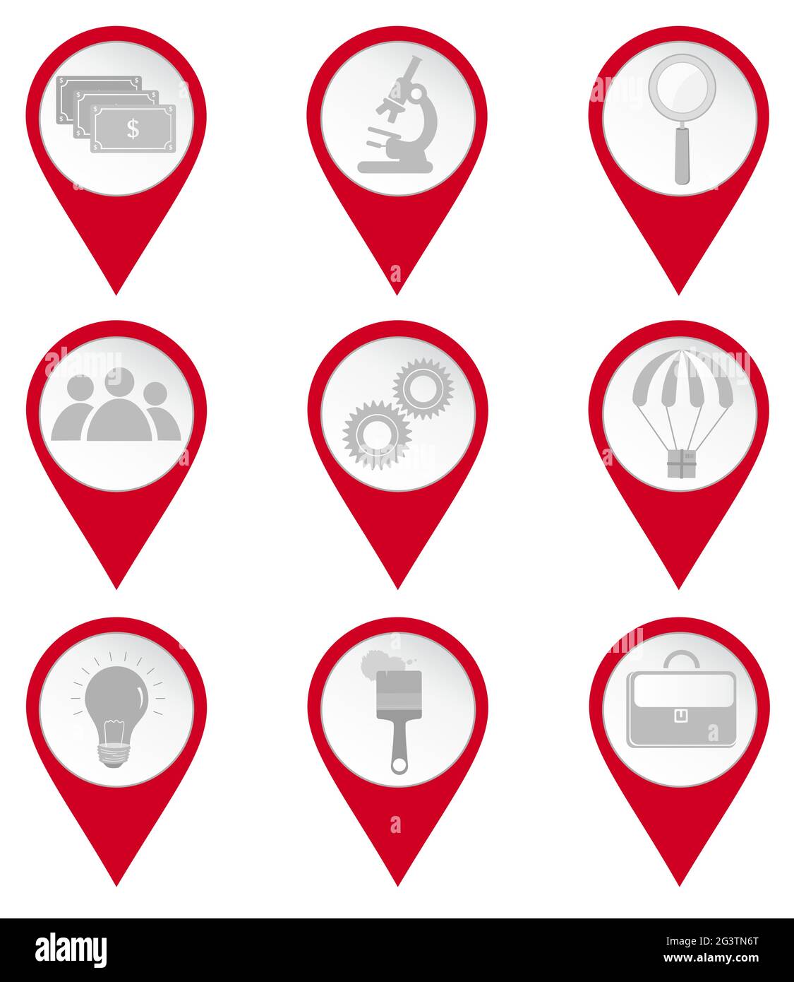 Icônes de PIN de carte des affaires et de l'éducation: Argent, microscope, loupe, personnes, équipement, livraison, ampoule, pinceau, porte-documents. W Illustration de Vecteur