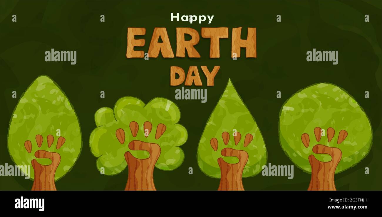 Carte de vœux Happy Earth Day illustration, forêt d'arbres verts faite d'une équipe de main humaine. Soin de la nature de la conception de vacances dans le drôle de style de dessin animé. Illustration de Vecteur