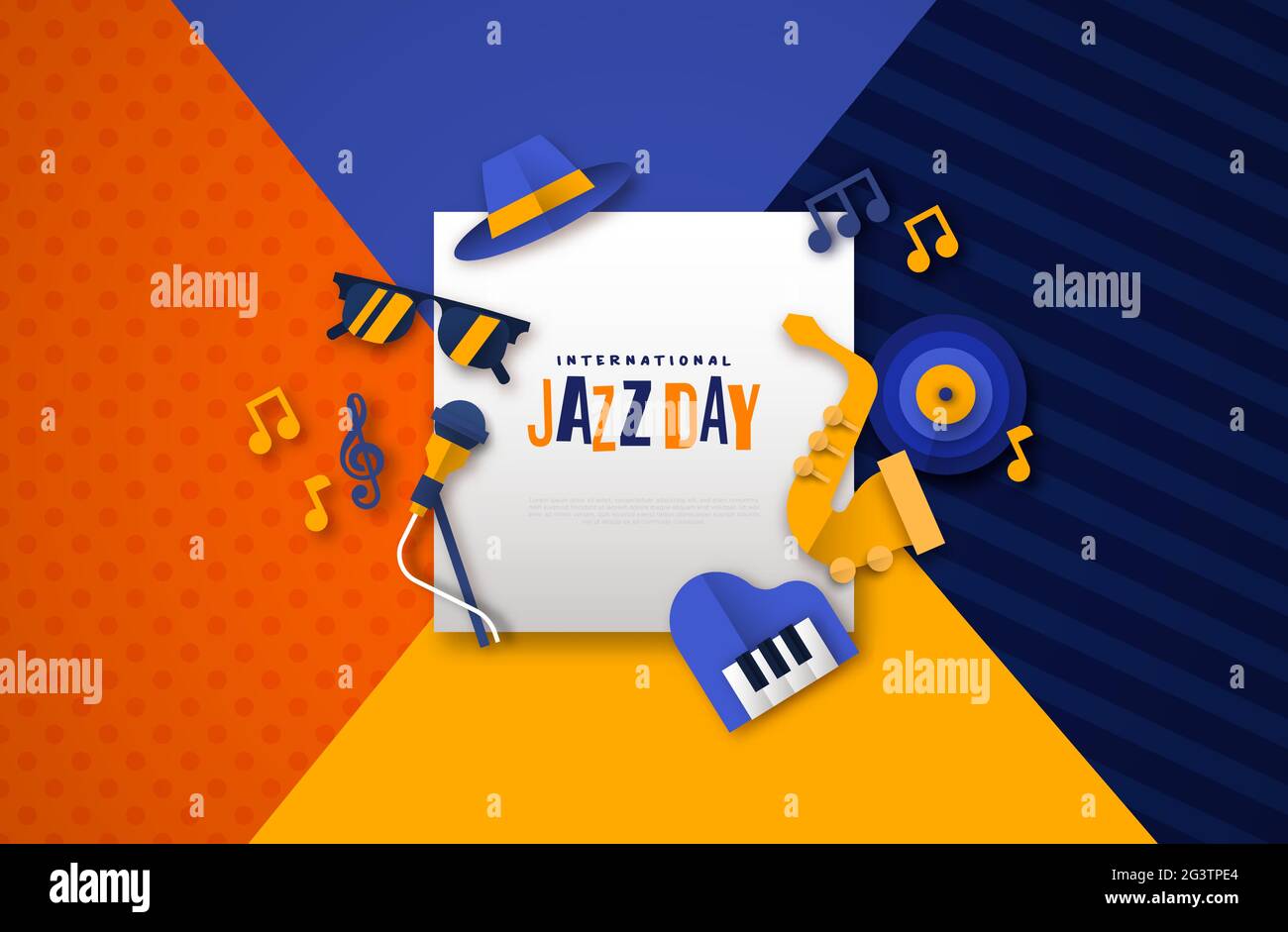 Avril 30 modèle web de la Journée de Jazz illustration des instruments de musique de groupe de papier en 3D. Comprend des notes de saxophone, de piano et de musique dans des coupes de papier colorées Illustration de Vecteur