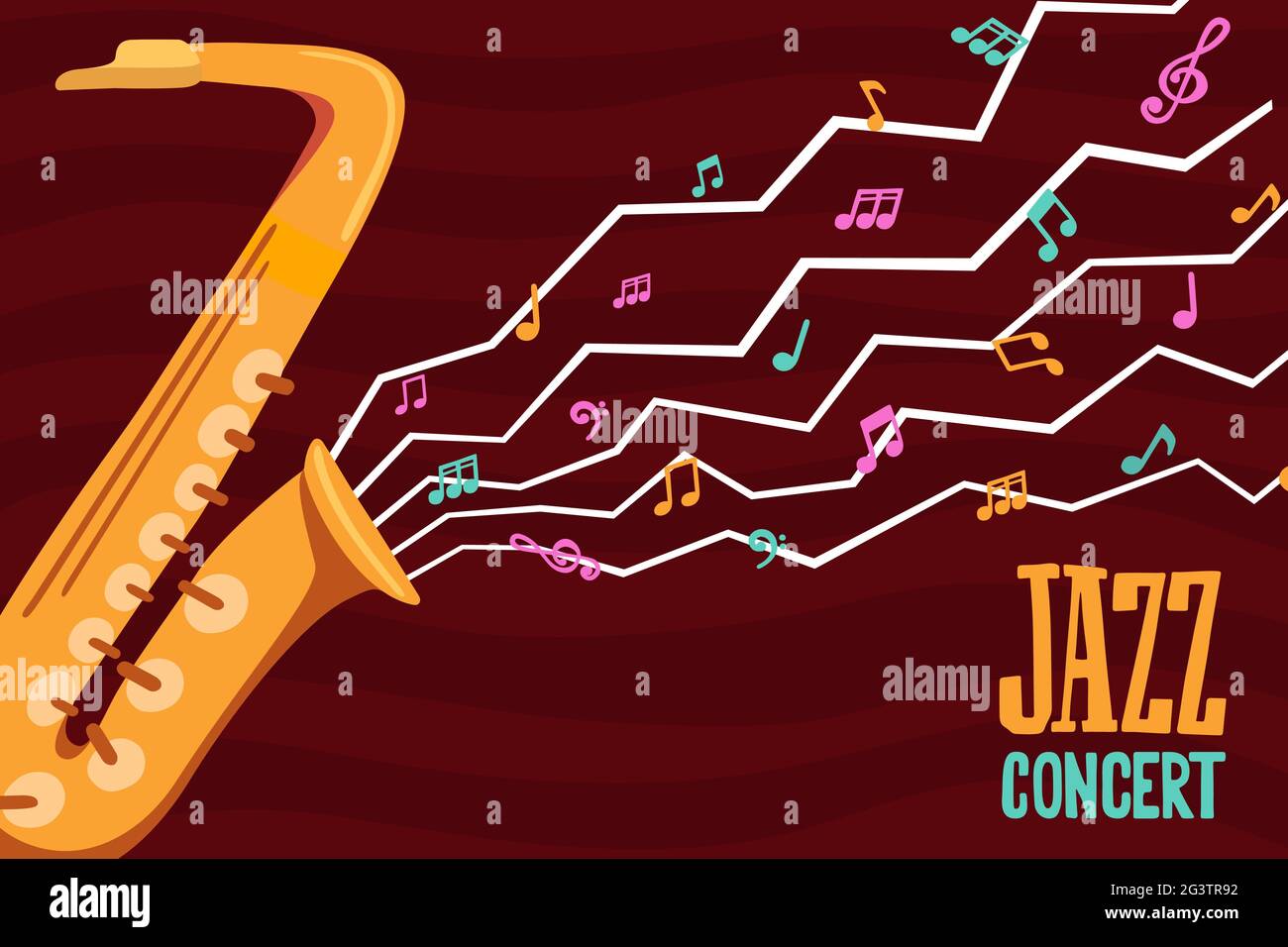 Concert de jazz illustration de l'instrument de musique saxophone de dessin animé coloré avec fond de symbole de note musicale. Illustration de Vecteur