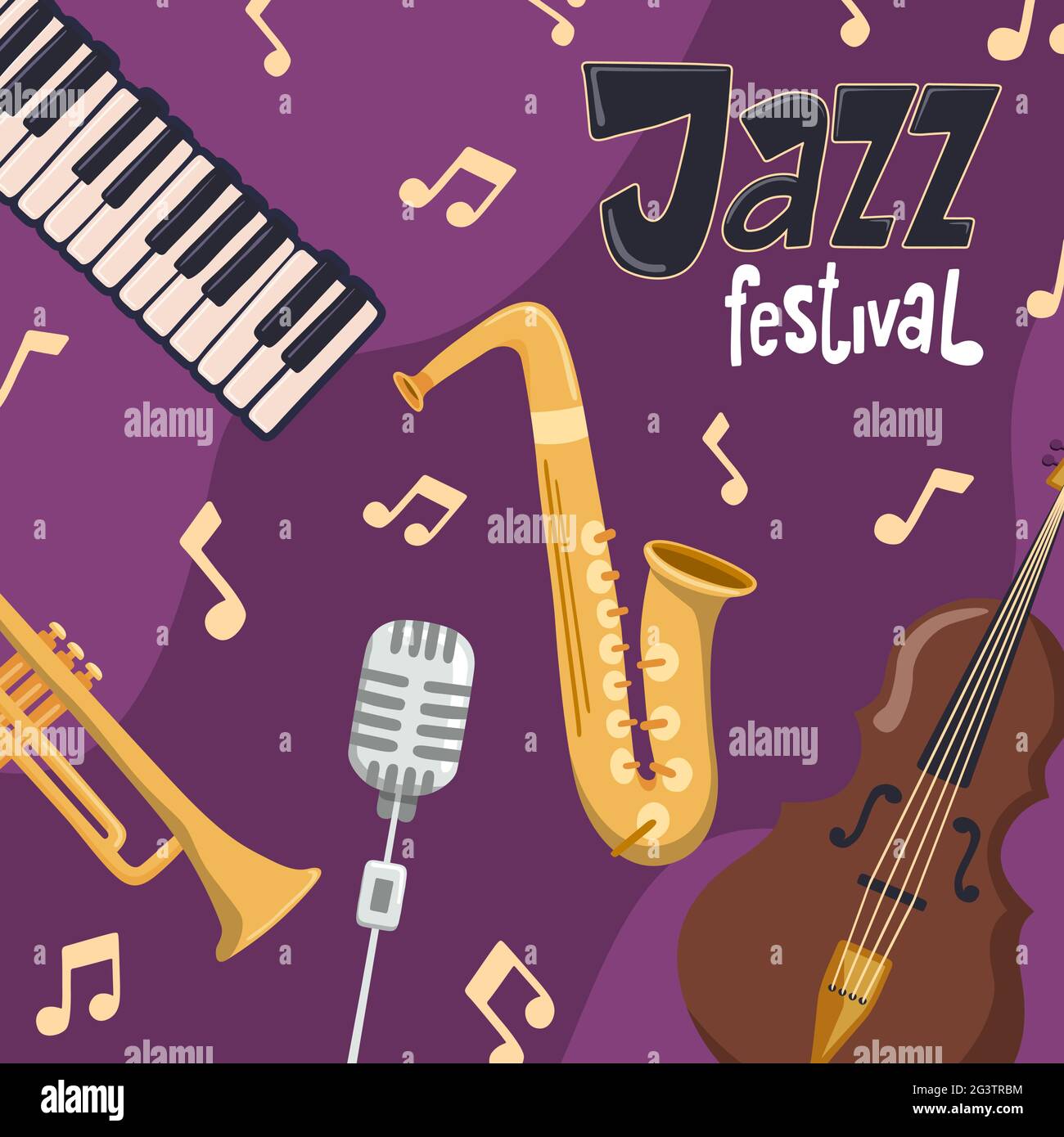 Affiche d'événement du festival de jazz illustration d'instruments de musique colorés. Comprend la trompette, le saxophone, le piano et le microphone dans un style de dessin animé plat. Illustration de Vecteur