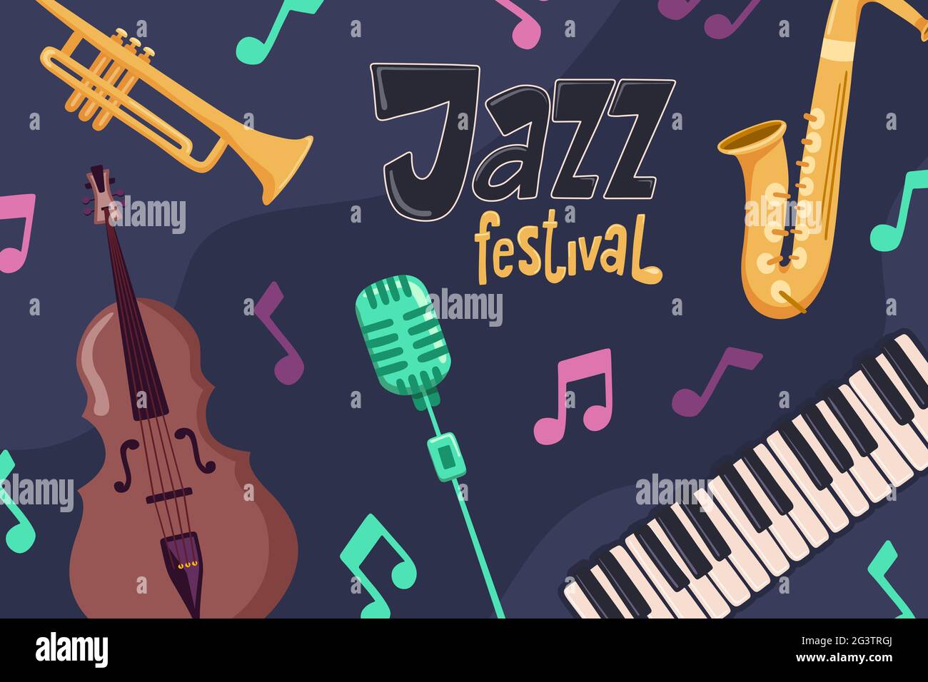 Festival de jazz illustration d'instruments de musique de dessin animé colorés avec des symboles de note musicale. Le concept de concert en direct comprend le piano, le sacophone et le t Illustration de Vecteur
