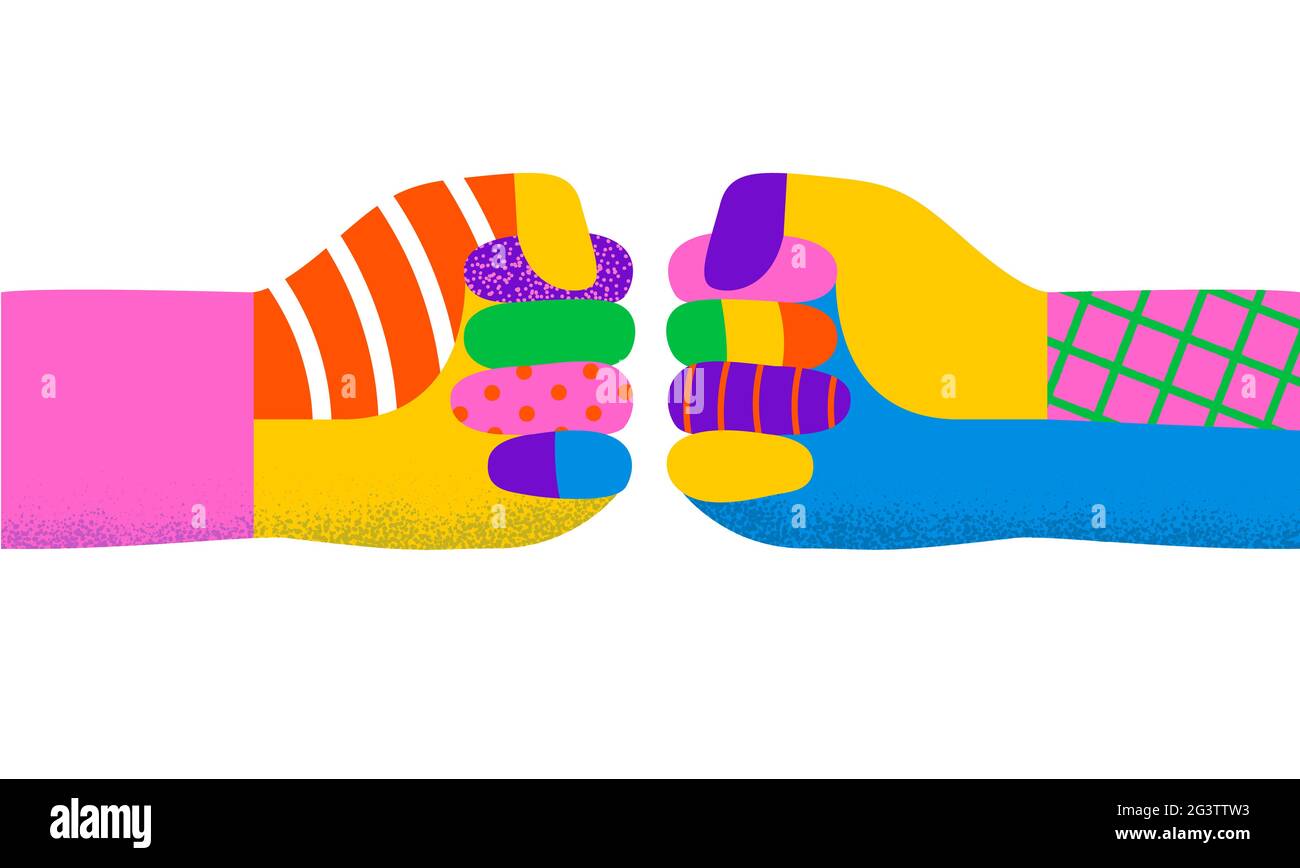 Deux mains de personnes faisant le poing tapotent le geste ensemble sur un arrière-plan isolé. Un travail d'équipe ethnique coloré ou un concept d'amitié ludique pour les enfants. Illustration de Vecteur