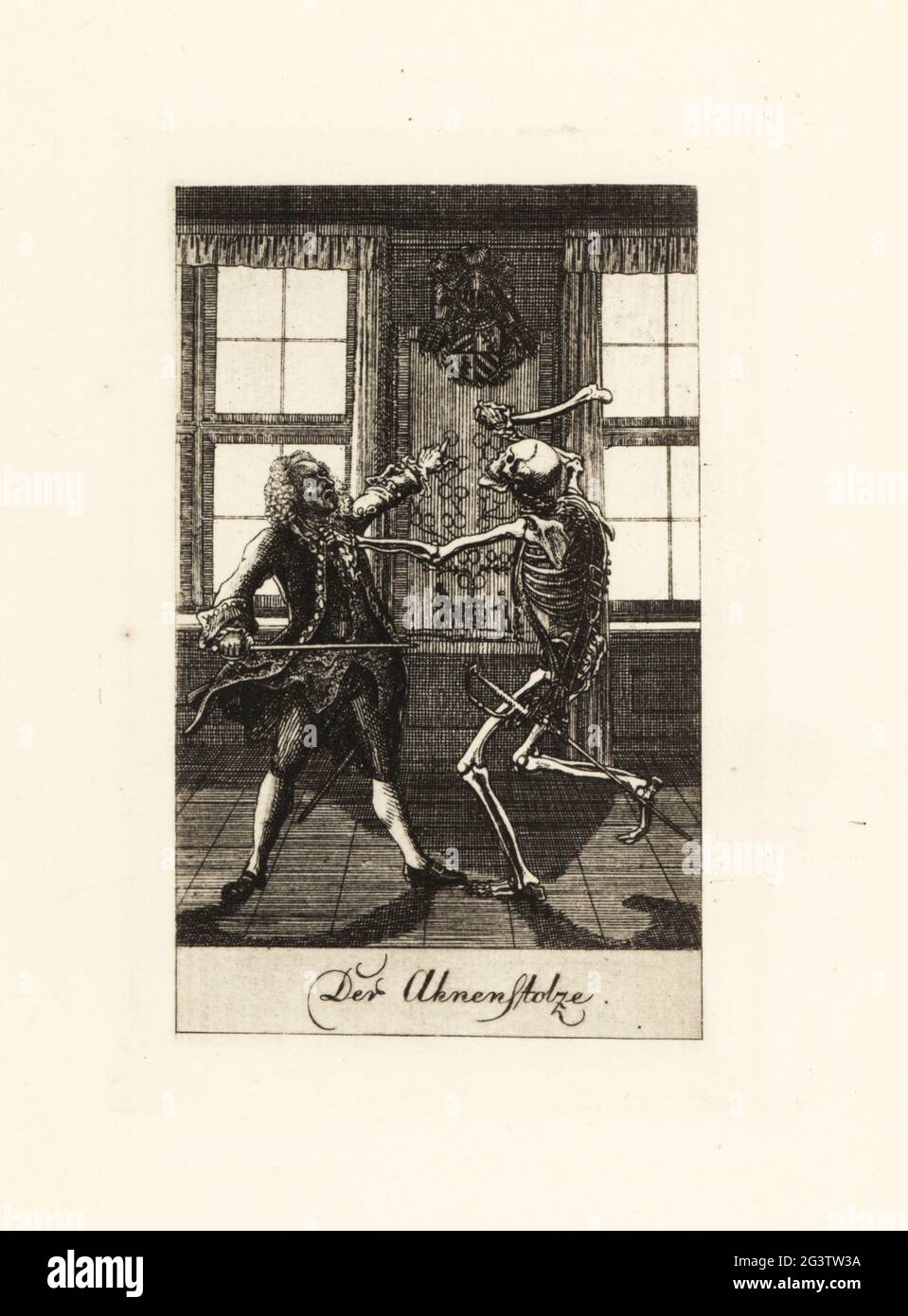 Le squelette de la mort dans un duel avec un noble gentleman. L'artistocrat pointe vers son blason et son pedigree, mais le squelette saisit sa gorge et le bat avec un os de cuisse. Der Ahnenstolze. Gravure en coperplate dessinée et gravée par Daniel Nikolaus Chodowiecki d'une série de danse de la mort, publiée à l'origine dans le calendrier de Lavenburg en 1792. Réimprimé à Totentanz à partir des plaques originales de Walther Nithack-Stahn, Eigenbrodler Verlag, Berlin, 1926. Banque D'Images