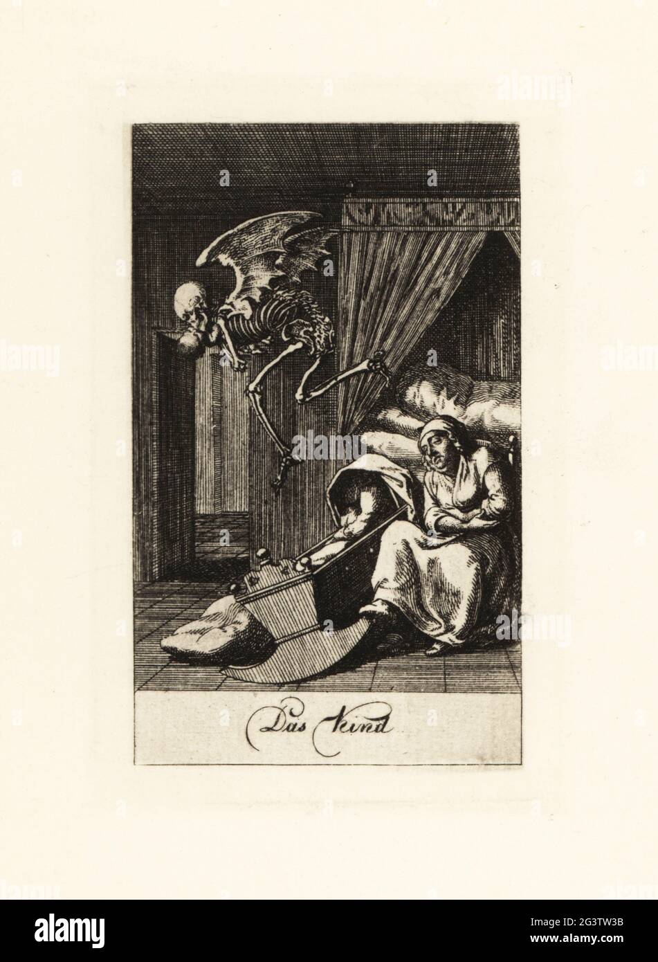 Le squelette de la mort vole avec un bébé. Le squelette ailé saute dans l'air avec le babe tandis que le sommeil nursemaid roque un berceau vide dans une chambre à coucher. Type DAS. Gravure en coperplate dessinée et gravée par Daniel Nikolaus Chodowiecki d'une série de danse de la mort, publiée à l'origine dans le calendrier de Lavenburg en 1792. Réimprimé à Totentanz à partir des plaques originales de Walther Nithack-Stahn, Eigenbrodler Verlag, Berlin, 1926. Banque D'Images