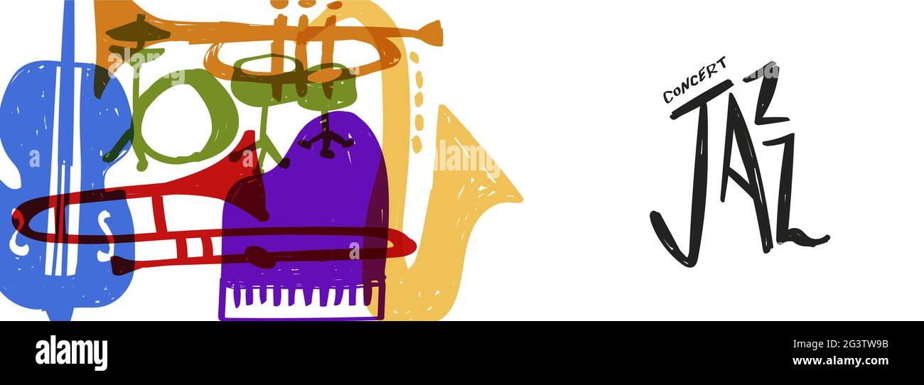 Modèle de bannière Web de concert de jazz illustration de l'instrument de musique de dessin animé de doodle coloré. Comprend piano, saxophone, trompette et bien plus encore. Illustration de Vecteur