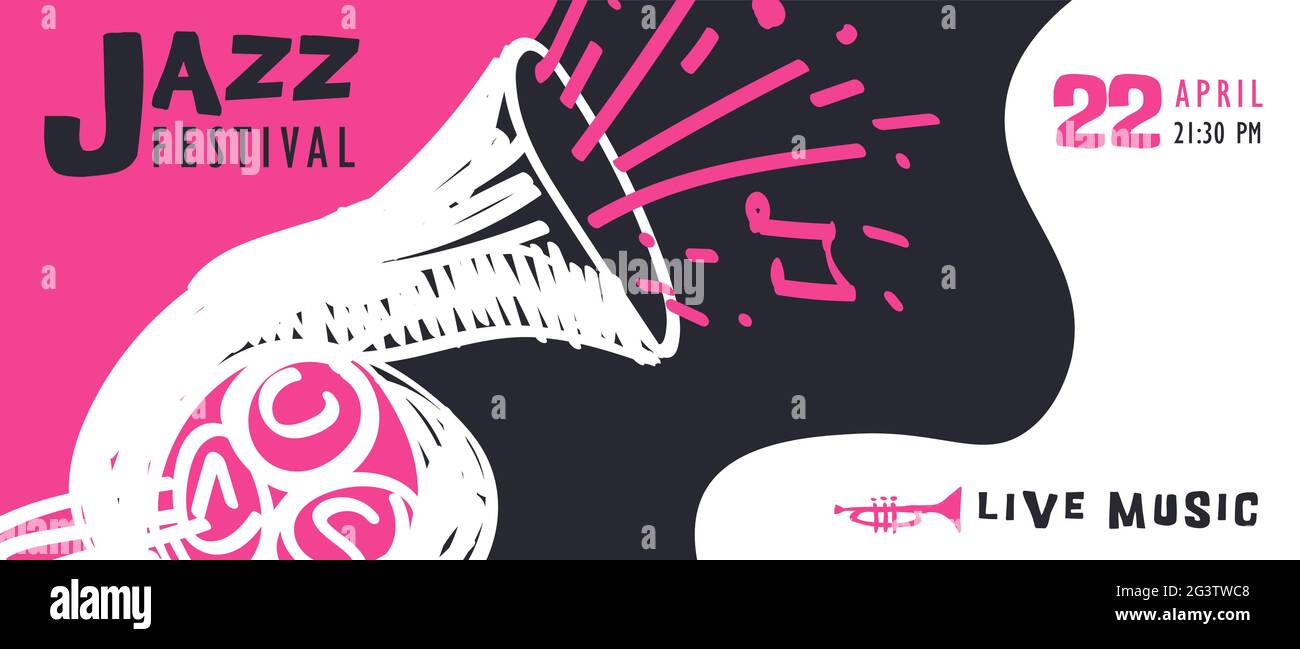 Musique jazz bandeau web illustration de drôles de saxophone drôles dessinées à la main. Modèle d'événement de concert musical pour la boîte de nuit ou la fête de festival. Illustration de Vecteur