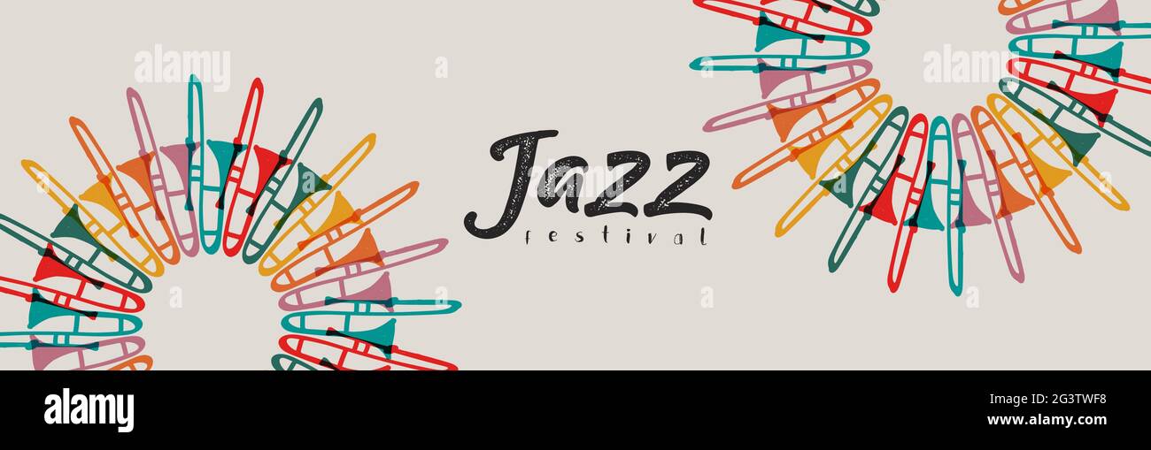 Modèle d'illustration de bannière Web Festival de jazz. Décoration d'instruments de musique en trompette colorée pour un concert ou une fête musicale. Illustration de Vecteur