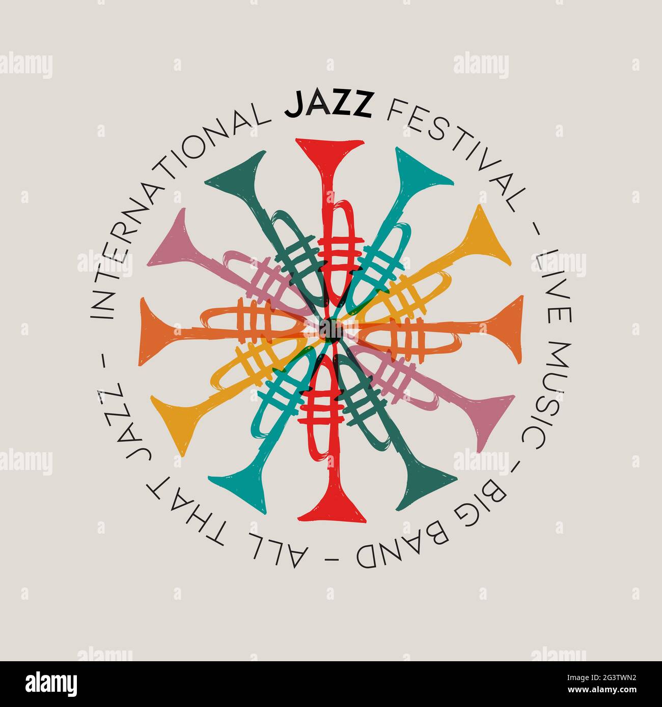 Modèle d'illustration de l'affiche du Festival de jazz. Décoration d'instruments de musique en trompette colorée pour un concert ou une fête musicale. Illustration de Vecteur