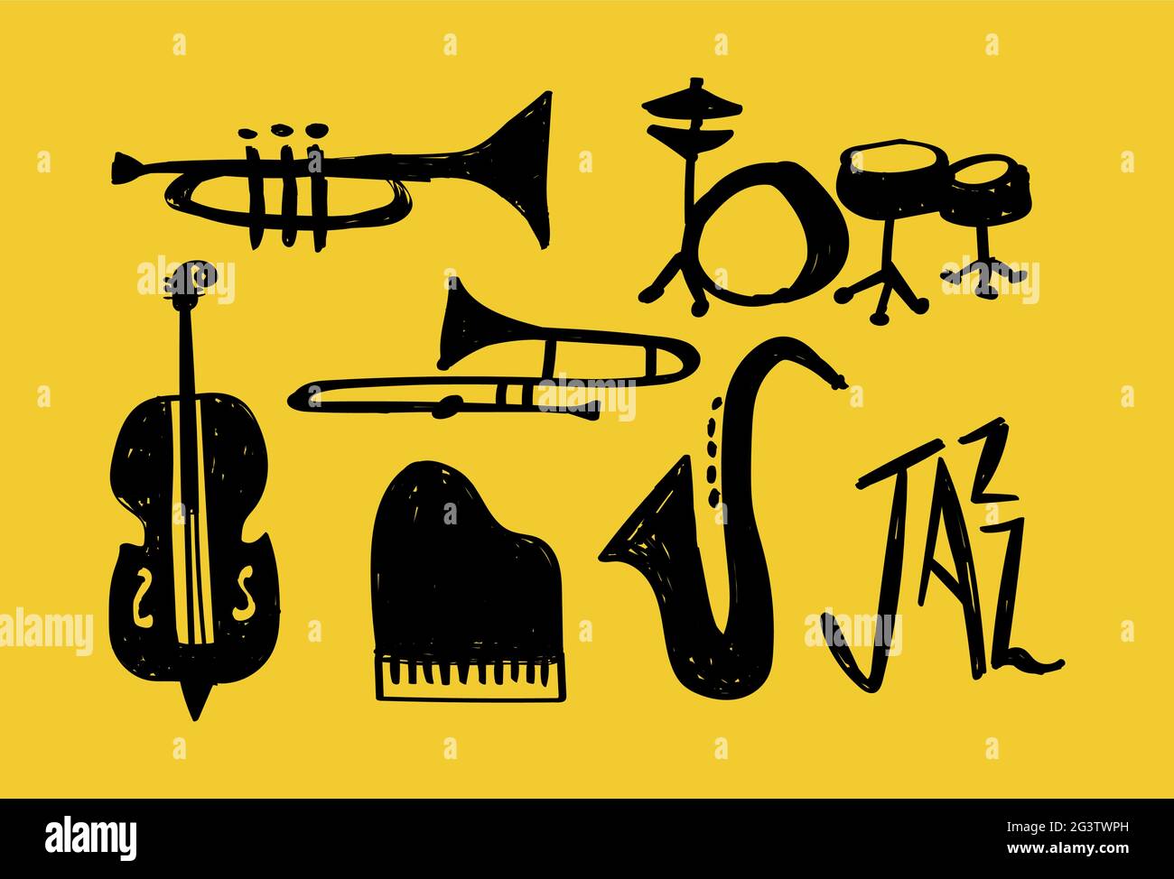 Illustration de l'ensemble d'instruments de musique jazz, dessin animé à la main, décoration de musique. Comprend piano, saxophone, trompette et tambour. Illustration de Vecteur