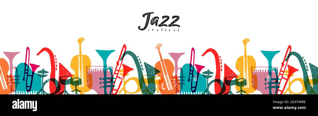 Modèle de bannière Web Festival de jazz illustration de l'instrument de musique de dessin animé Doodle coloré. Comprend piano, saxophone, trompette et bien plus encore. Illustration de Vecteur