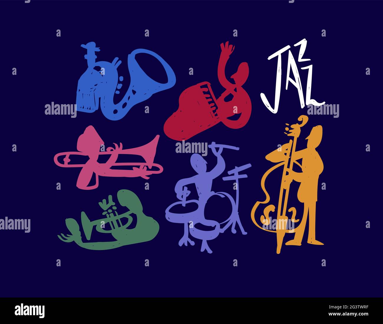 Jazz membre de groupe Doodle Set illustration, dessin main dessin animé musicien gens décoration. Comprend piano, saxophone, trompettes et tambours. Illustration de Vecteur