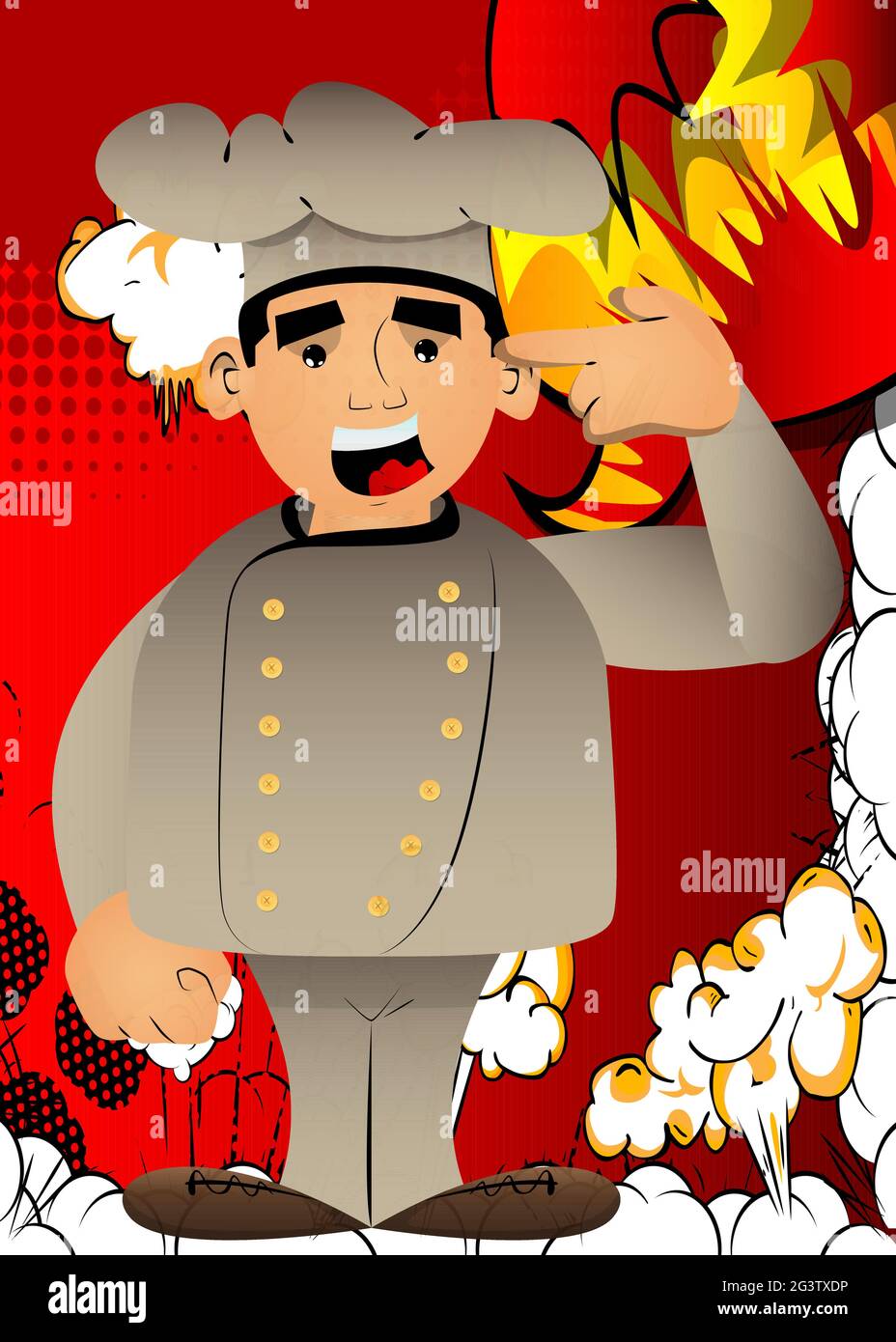 Gros homme chef de dessin animé en uniforme puisant un fusil imaginaire à sa tête. Illustration vectorielle. Illustration de Vecteur