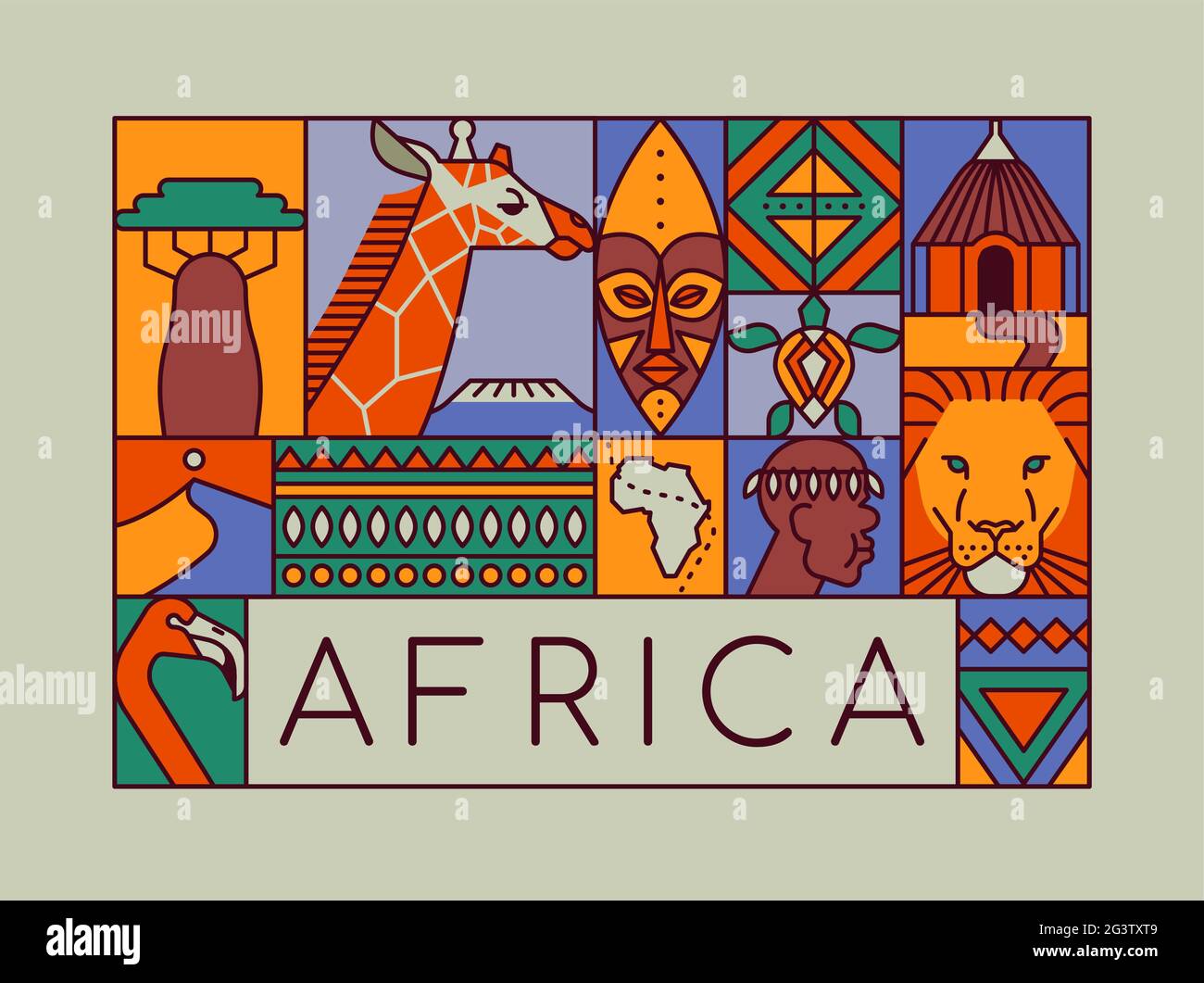Afrique continent culture illustration concept. Design de voyage africain ou célébration ethnique fond de dessin animé plat animal et décoration de style de vie Illustration de Vecteur