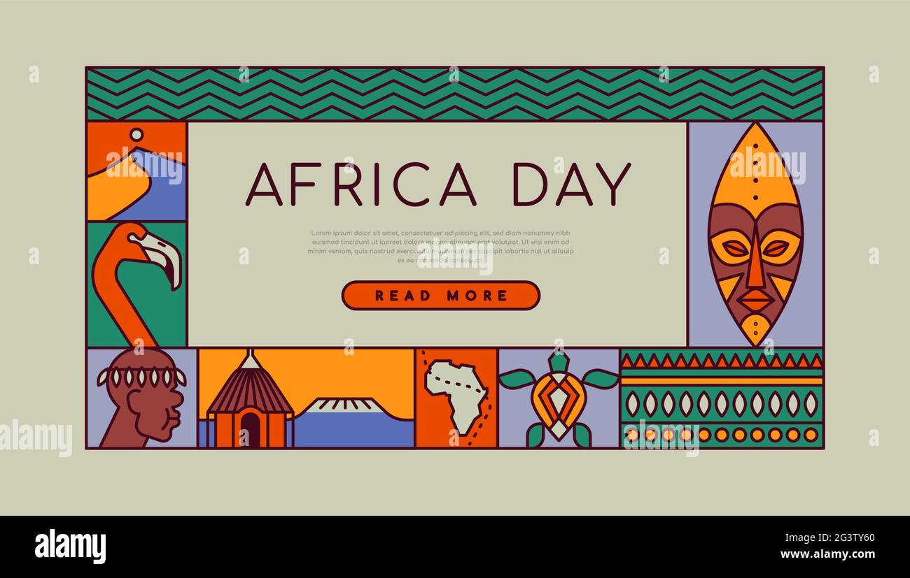 Modèle web de la Journée de l'Afrique illustration des icônes traditionnelles de la culture africaine décoration dans le style moderne plat de dessin animé. Inclut le masque, continent ma Illustration de Vecteur