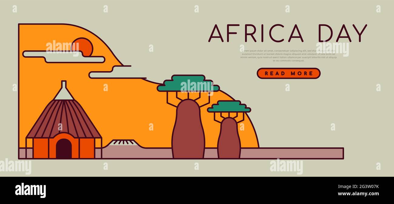 Modèle web de la Journée de l'Afrique illustration du paysage africain traditionnel avec maison de boue et baobab. Dessin animé à contour plat, design tendance pour les dessins au trait Illustration de Vecteur