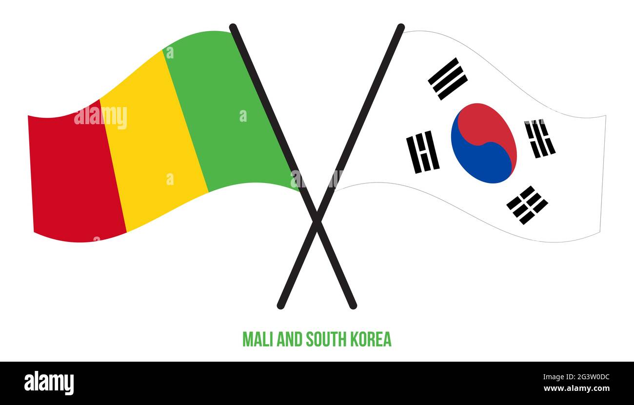 Le Mali et la Corée du Sud ont traversé des drapeaux et ont fait des signes de style plat. Proportion officielle. Corriger les couleurs. Illustration de Vecteur