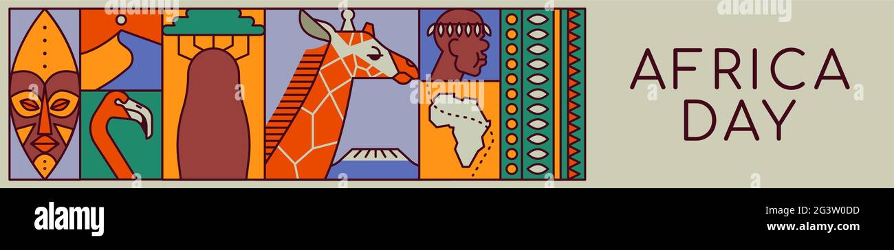 Bannière de la Journée de l'Afrique illustration des icônes traditionnelles de décoration de la culture africaine dans le style moderne de dessin animé de contour plat. Inclut le masque, la carte du continent et Illustration de Vecteur