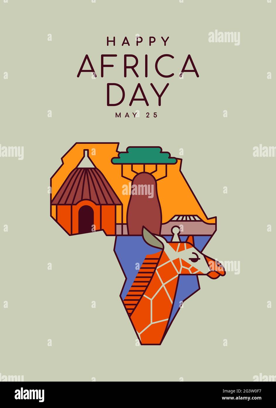 Carte de vœux de la Journée de l'Afrique illustration de la décoration traditionnelle de la culture africaine en forme de carte. Style moderne de dessin animé à contour plat. Comprend une maison de boue, g Illustration de Vecteur