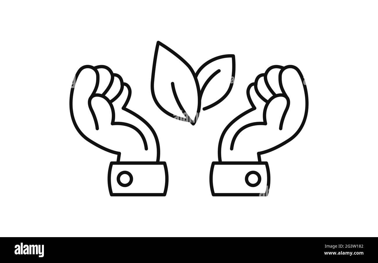 Homme d'affaires mains avec l'icône de feuille de plante. Symbole moderne à lignes plates sur fond blanc isolé pour une campagne écologique ou un concept de protection de la nature. Illustration de Vecteur