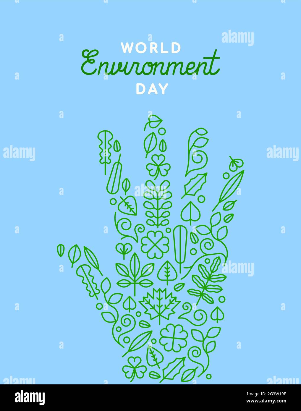 Carte de vœux de la Journée mondiale de l'environnement illustration de personnes faites à la main avec des icônes de feuilles de plantes vertes pour célébrer les soins de la terre. Illustration de Vecteur