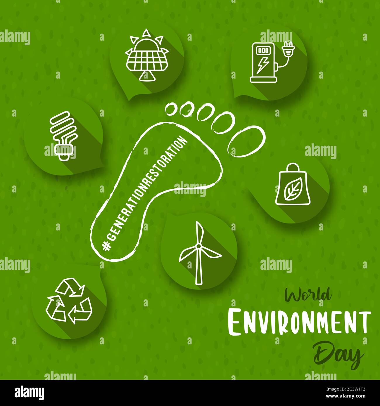 Illustration de la carte de vœux de la Journée mondiale de l'environnement pour un concept de réduction de l'empreinte carbone avec une icône moderne en forme de ligne verte. Inclut le recyclage des déchets, la pow solaire Illustration de Vecteur