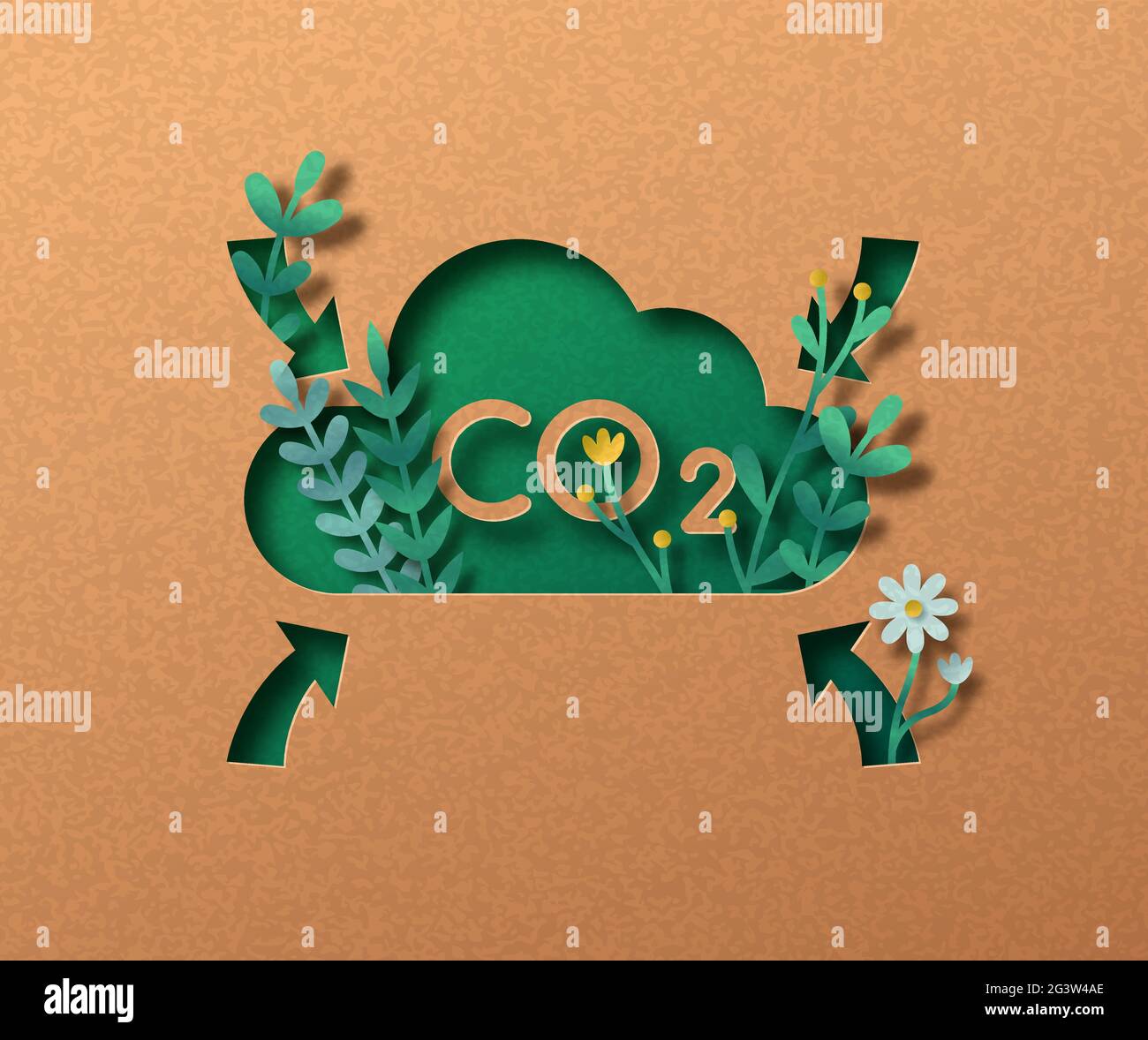 Concept d'illustration de la réduction des émissions de CO2 dans l'air. Signe vert écologique de dioxyde de carbone dans le style artisanal de coupe de papier 3d avec feuille de plante Illustration de Vecteur
