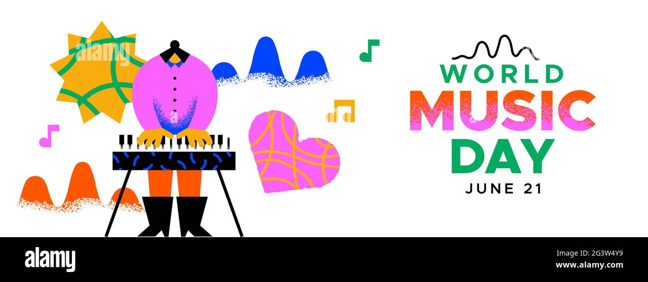 Journée mondiale de la musique bannière de l'événement illustration de la femme musicien personnage jouant le clavier de piano avec des formes créatives de décoration musicale. Vacances de juin 21 Illustration de Vecteur