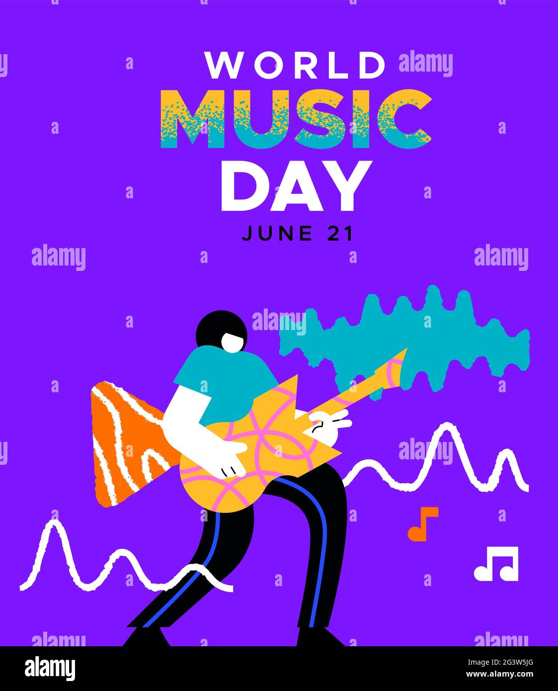 Bannière web de la Journée mondiale de la musique illustration de l'homme musicien jouant de la guitare électrique dans un style moderne de dessin animé plat coloré. Fête musicale tendance de Illustration de Vecteur