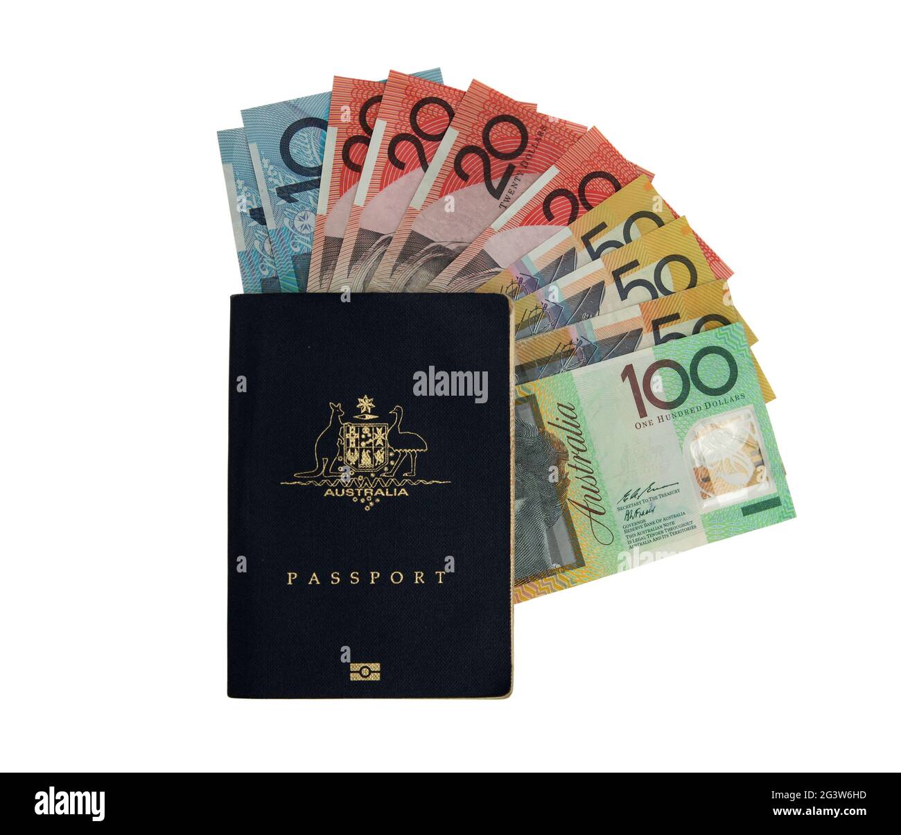 Passeport australien avec diverses notes australiennes. Argent et passeport = vacances à l'étranger Banque D'Images