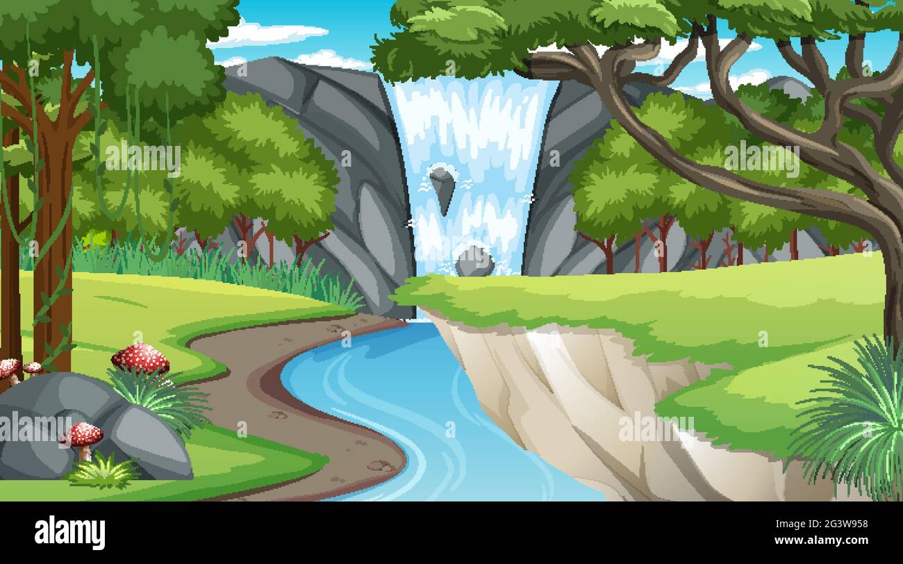 Scène de nature avec cascade et ruisseau qui coule à travers l'illustration de la forêt Illustration de Vecteur