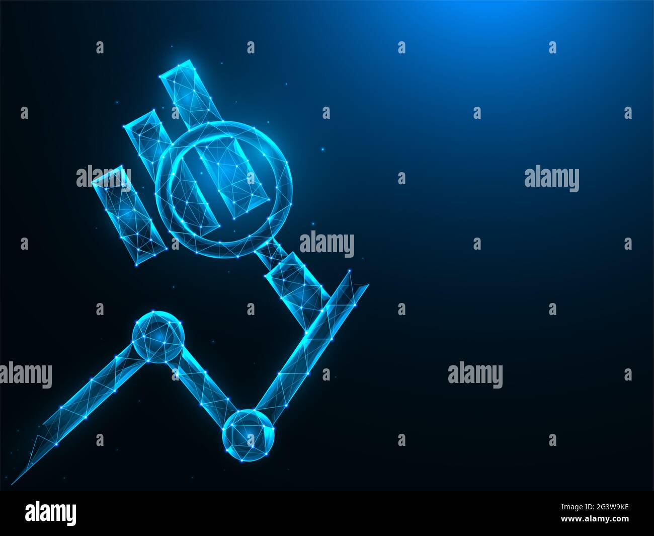 Loupe et statistiques faible conception poly. Analyse de données statistiques illustrations vectorielles polygonales sur fond bleu. Banque D'Images