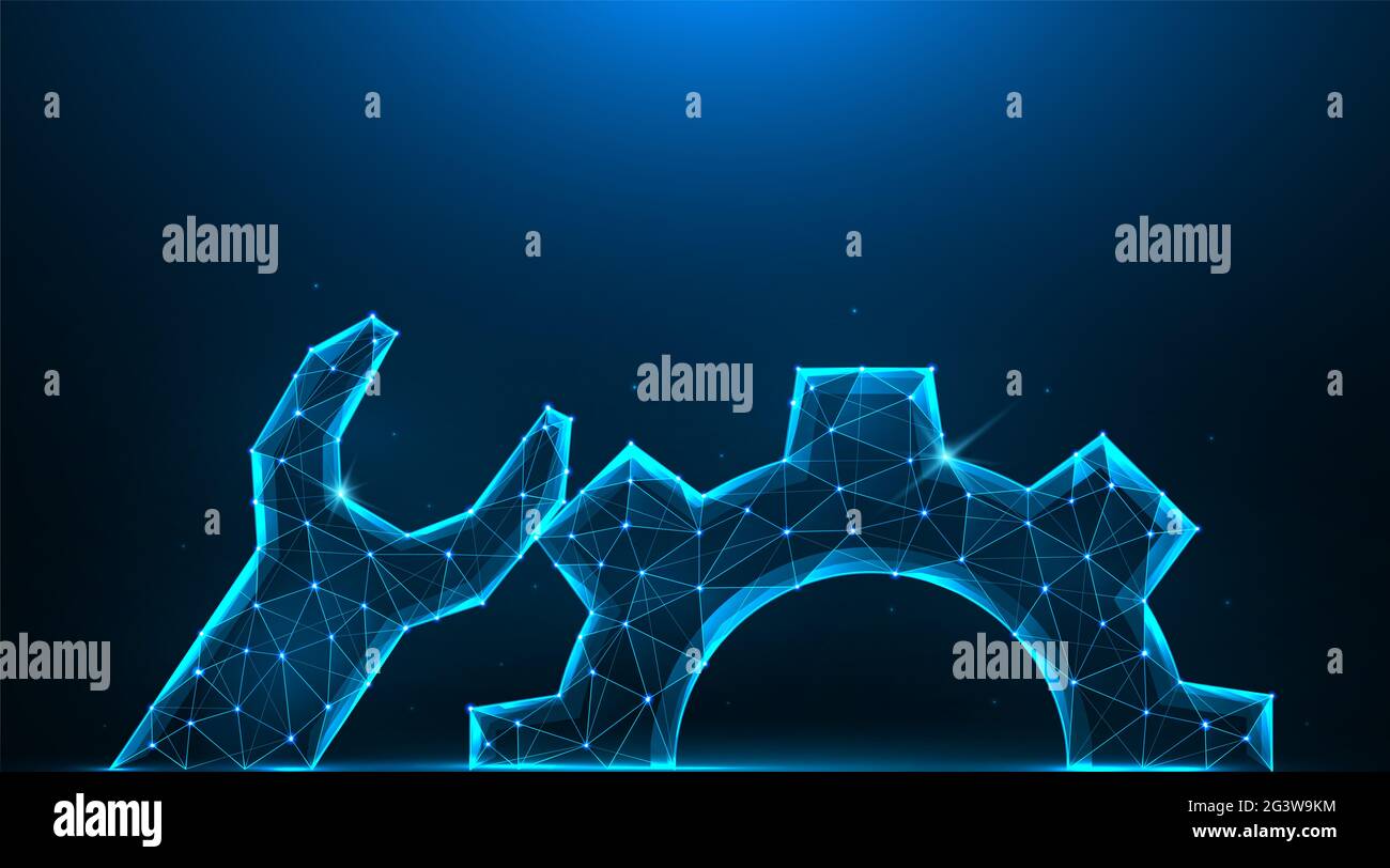 Conception poly basse à clé et engrenage. Réparer ou prendre en charge les illustrations vectorielles polygonales sur fond bleu. Banque D'Images