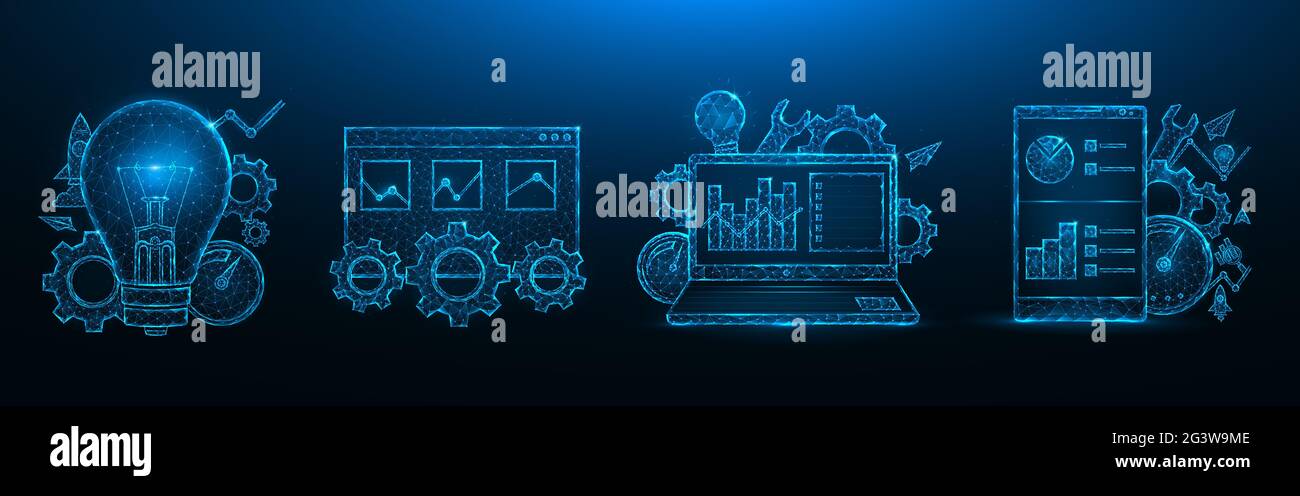 Optimisation SEO conception basse poly. Optimisation du moteur de recherche. Smartphone, ordinateur portable, fenêtre de navigateur, ampoule, Gears, indicateur de vitesse Banque D'Images