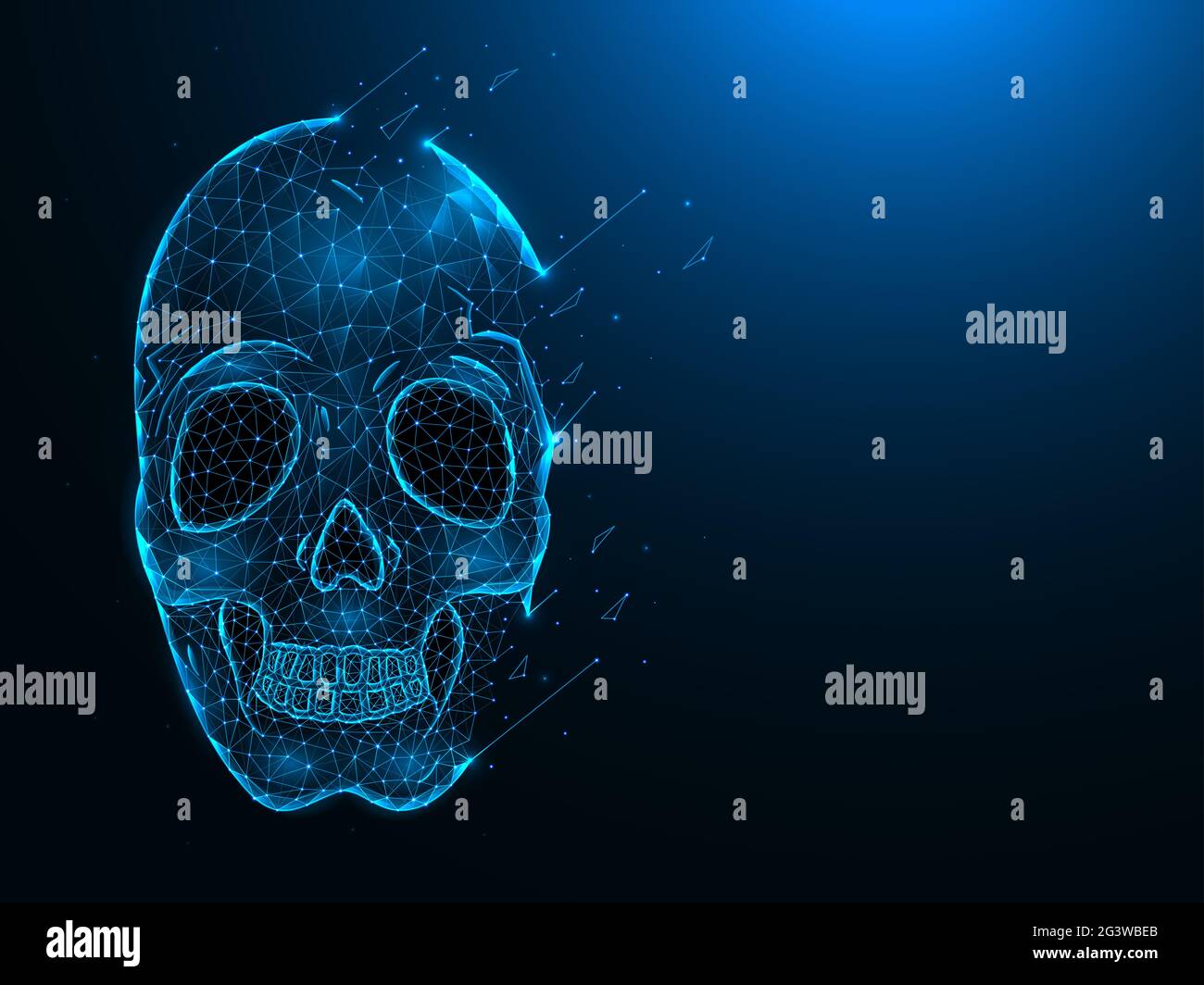 Crâne humain avec effet de destruction illustrations vectorielles polygonales sur fond bleu foncé. Banque D'Images